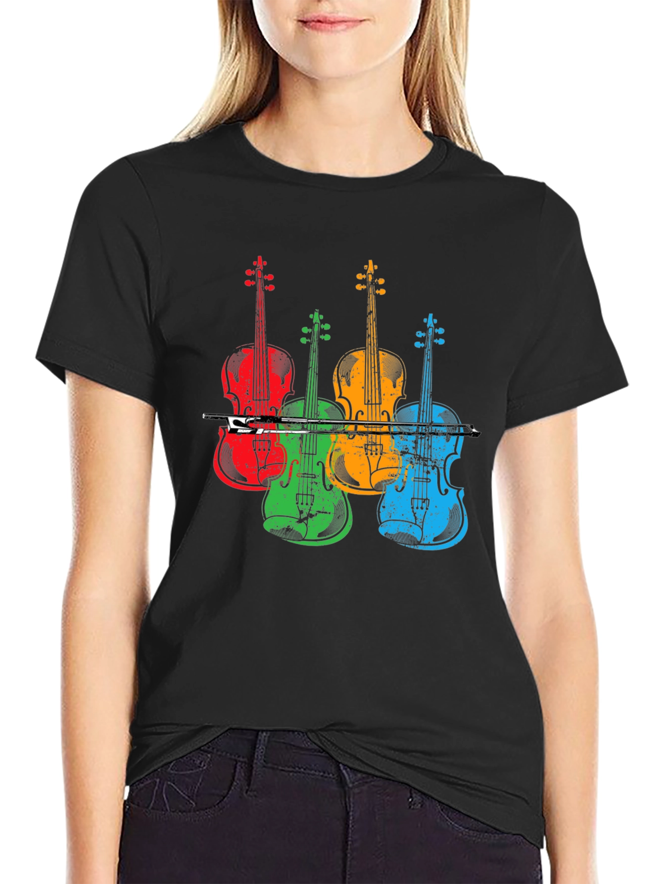 Black Colorful Violin Music T-Shirt view 2