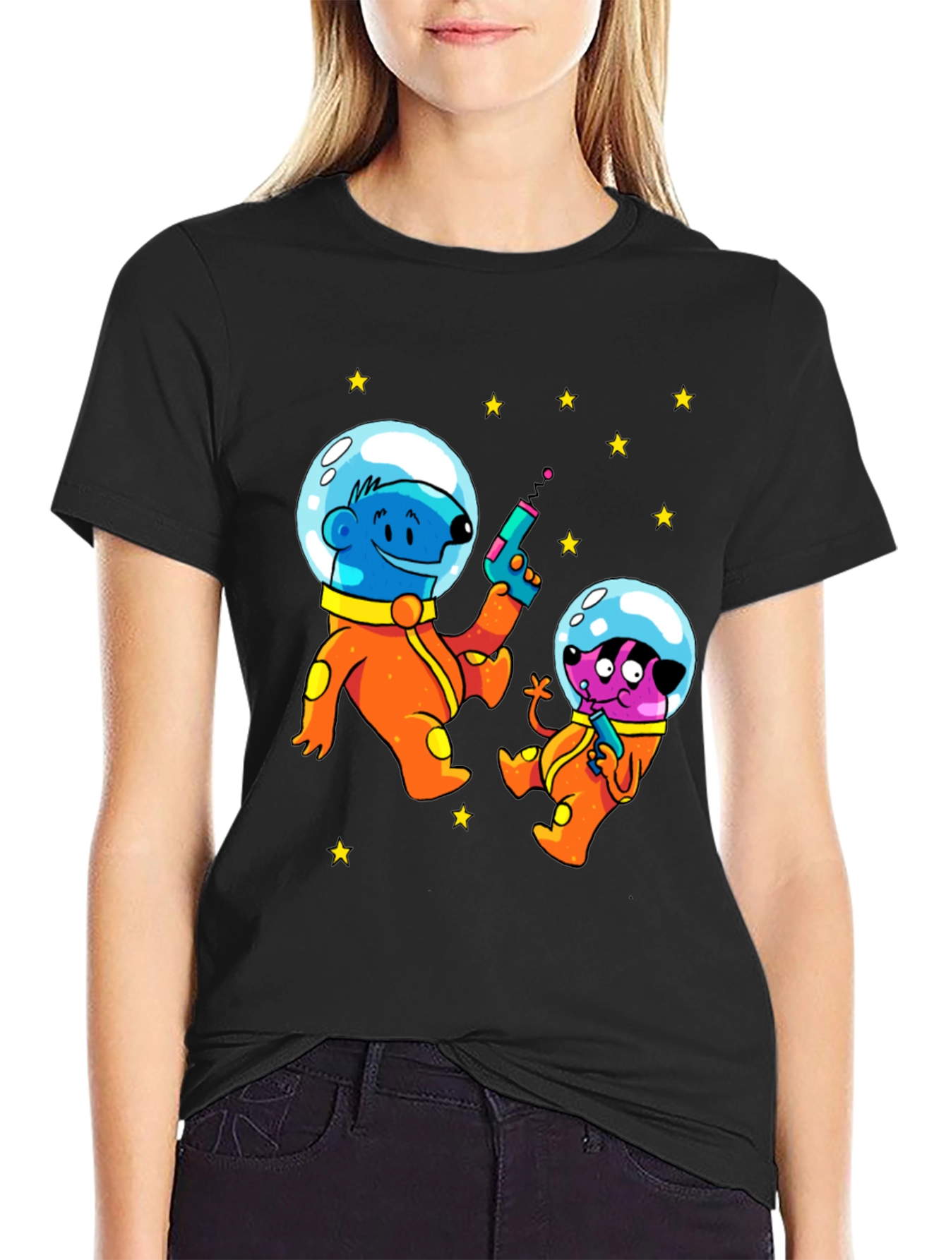 Black Cartoon Astronauts Black T-Shirt view 2