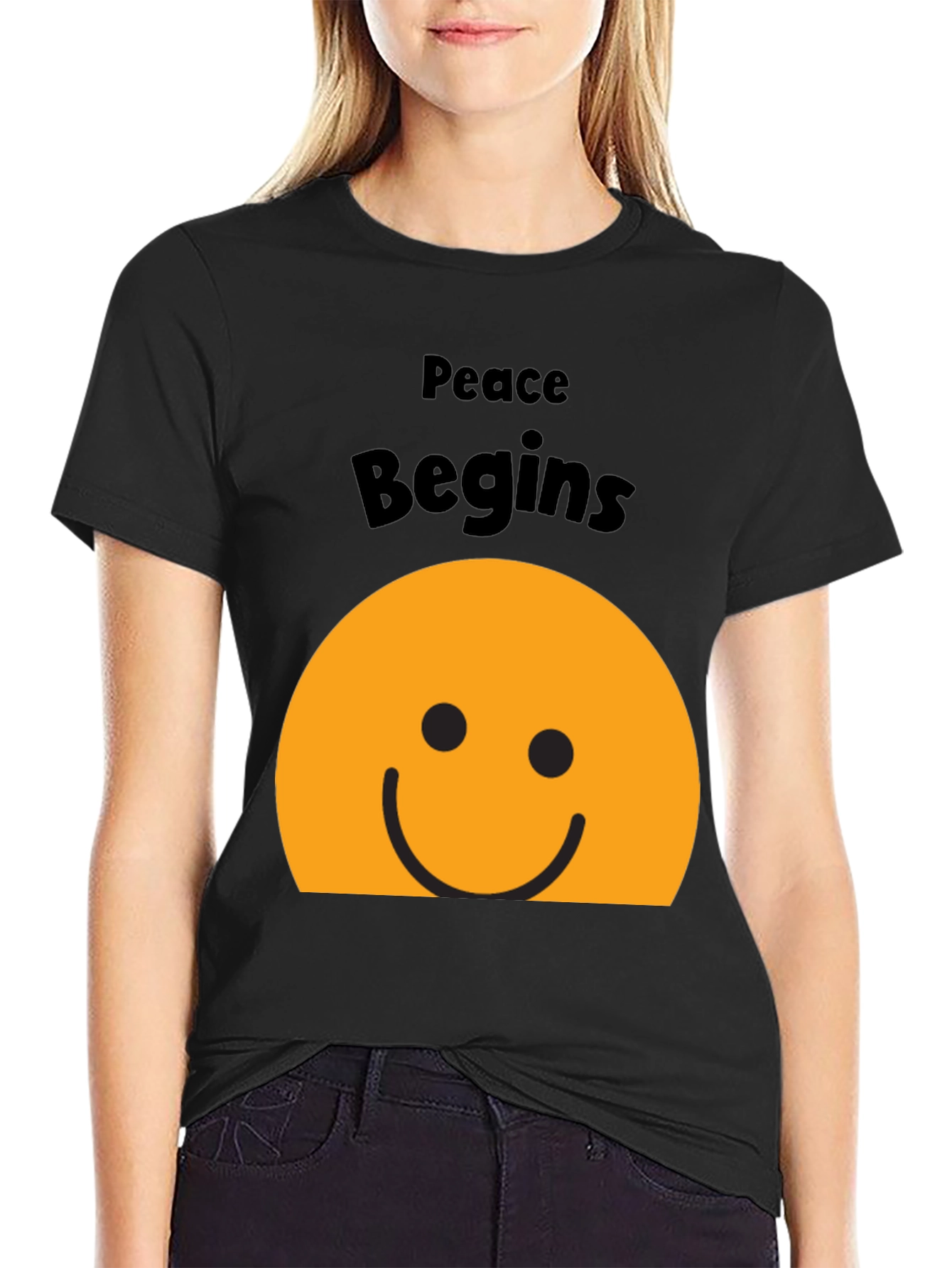 Black Peace Begins Smiley Face T-Shirt - Black view 2