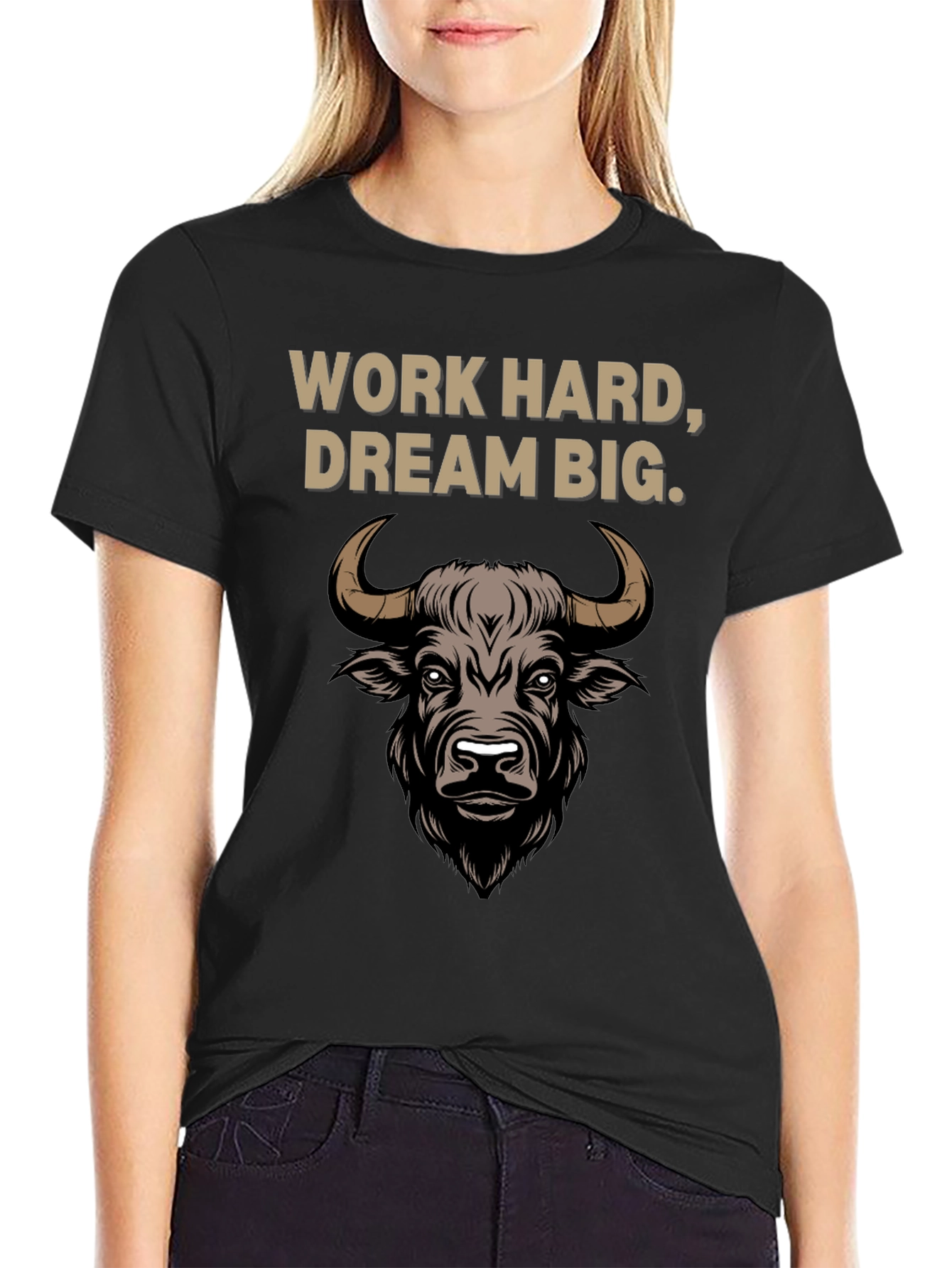 Black Work Hard Dream Big Bull Graphic Tee view 2