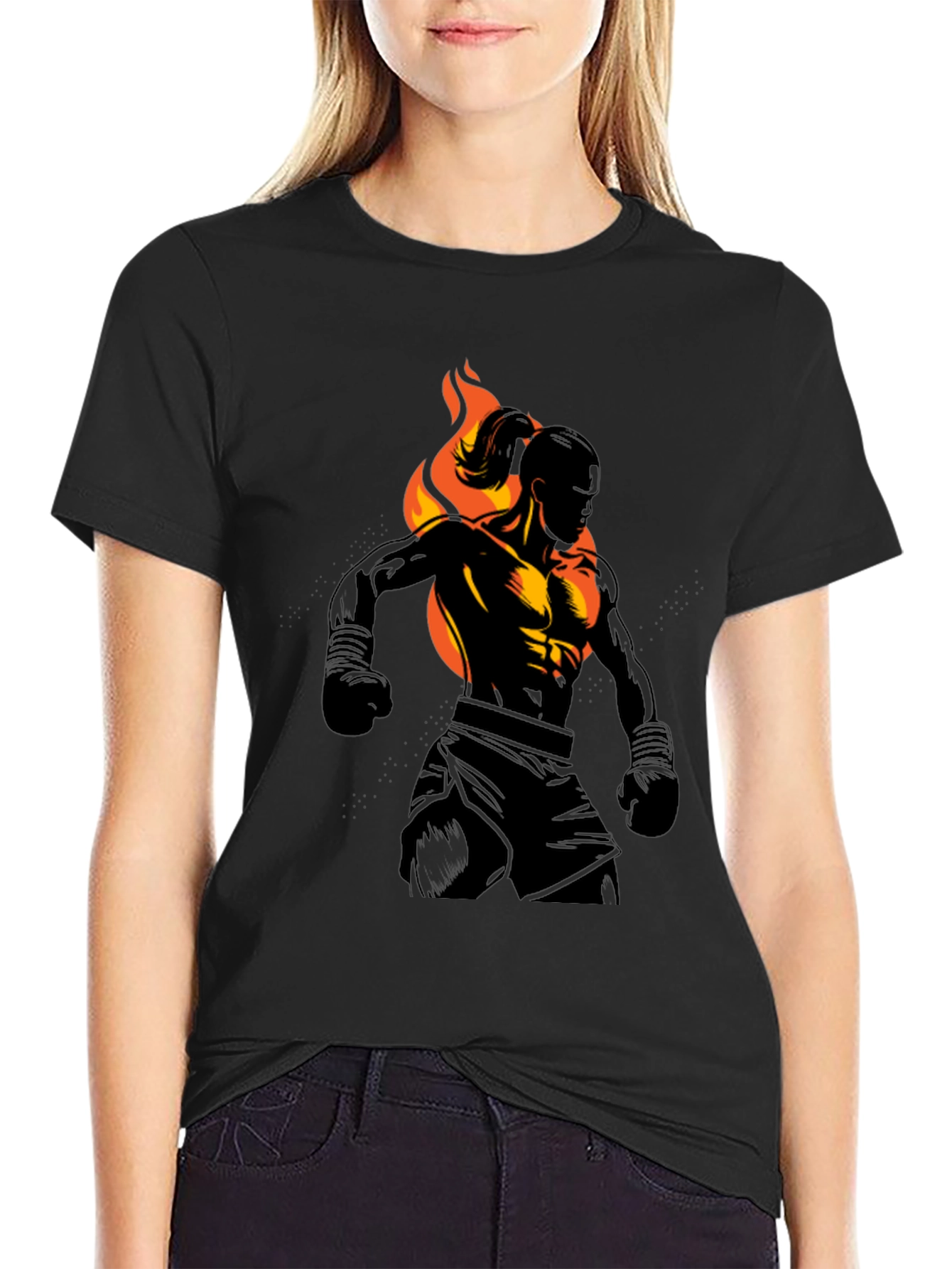 Black Flaming Fighter Graphic Tee view 2