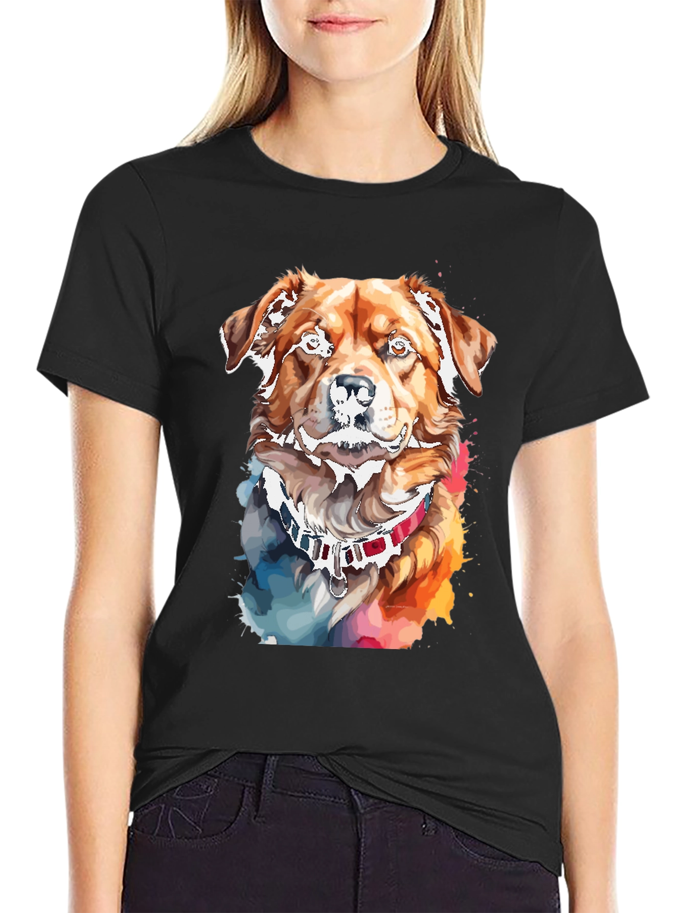 Black Watercolor Dog Print Black T-Shirt view 2