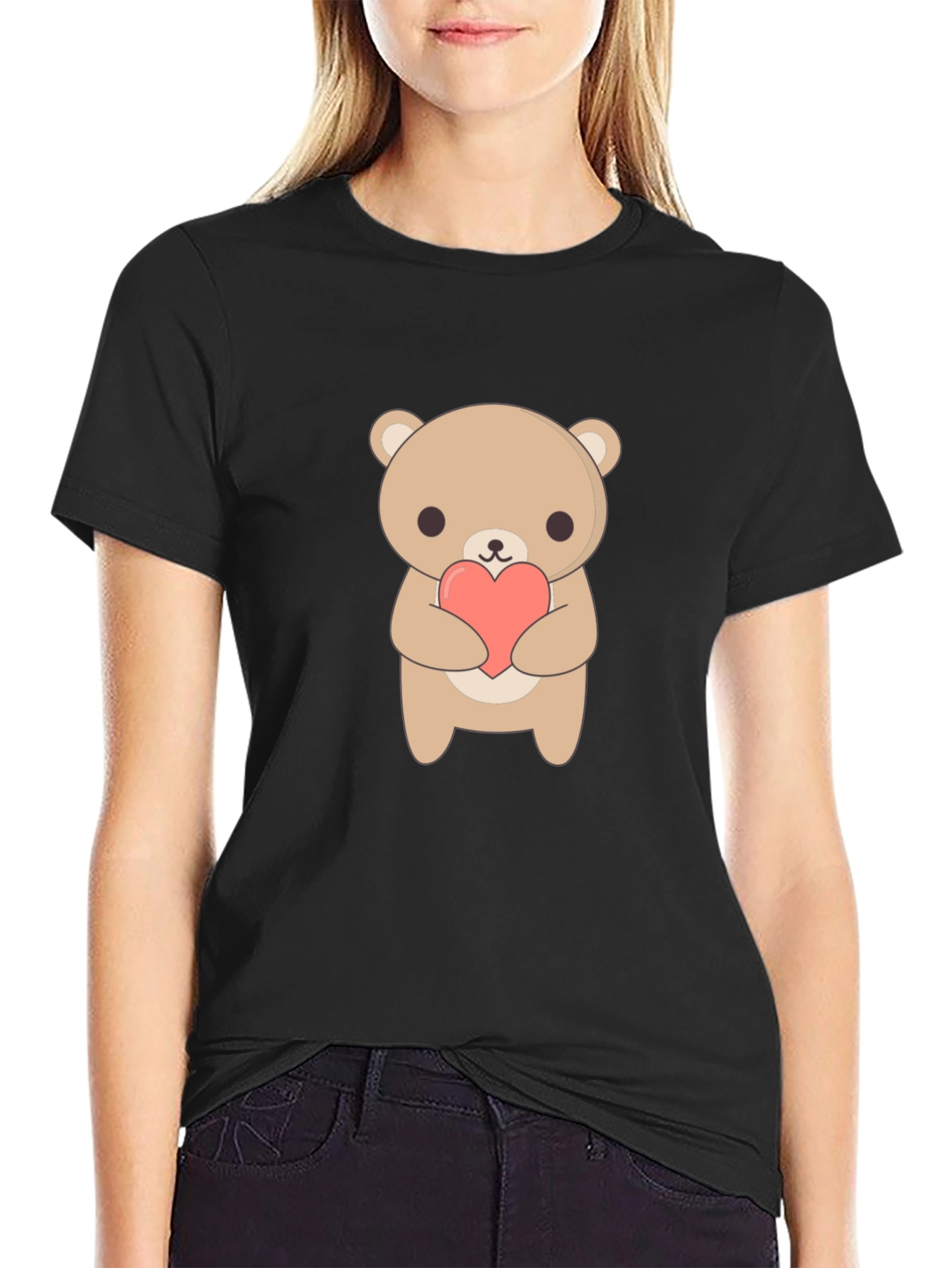 Black Cute Bear Holding Heart Black T-Shirt view 2