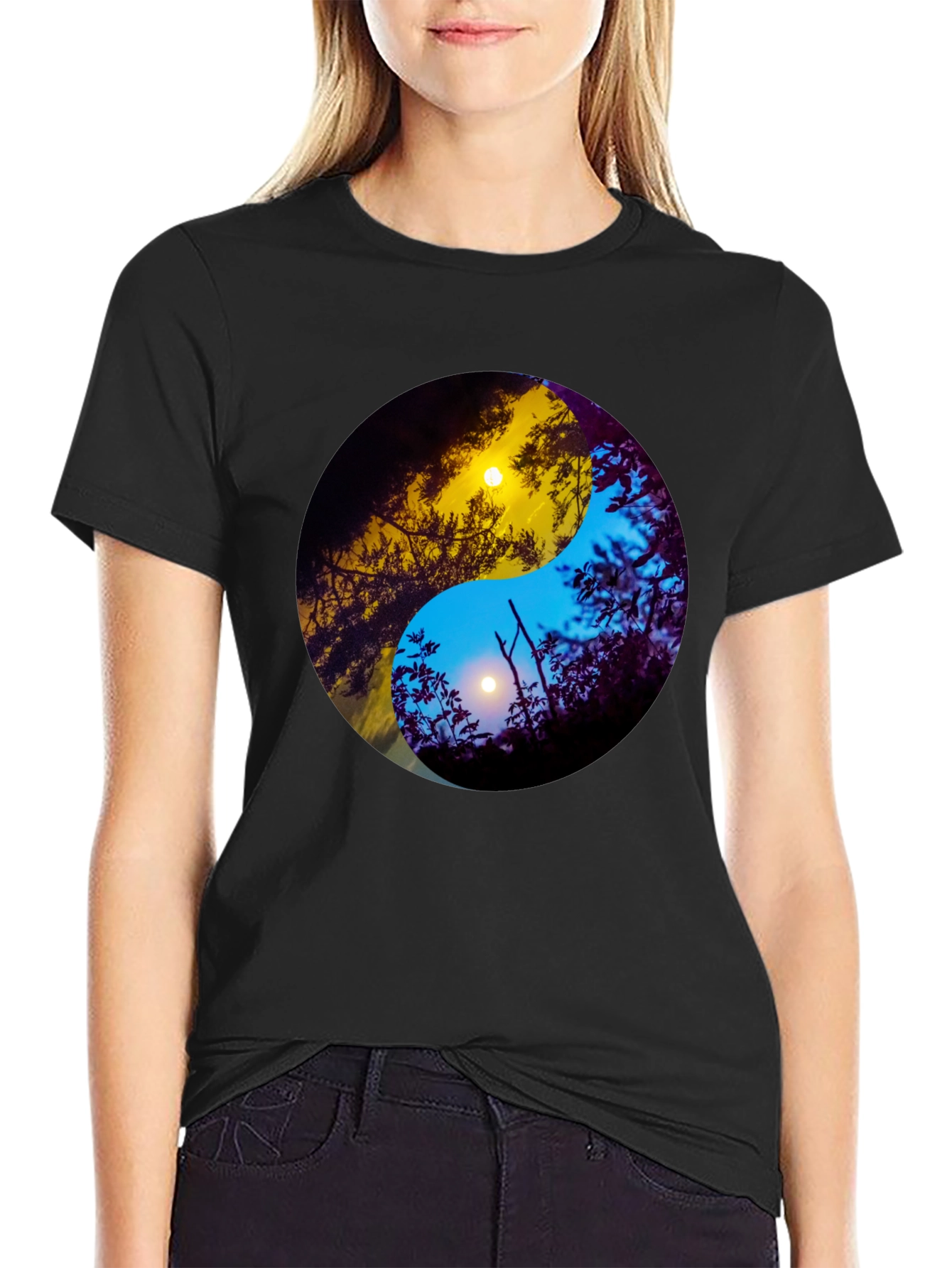 Black Yin Yang Sun & Moon Nature Graphic Tee view 2