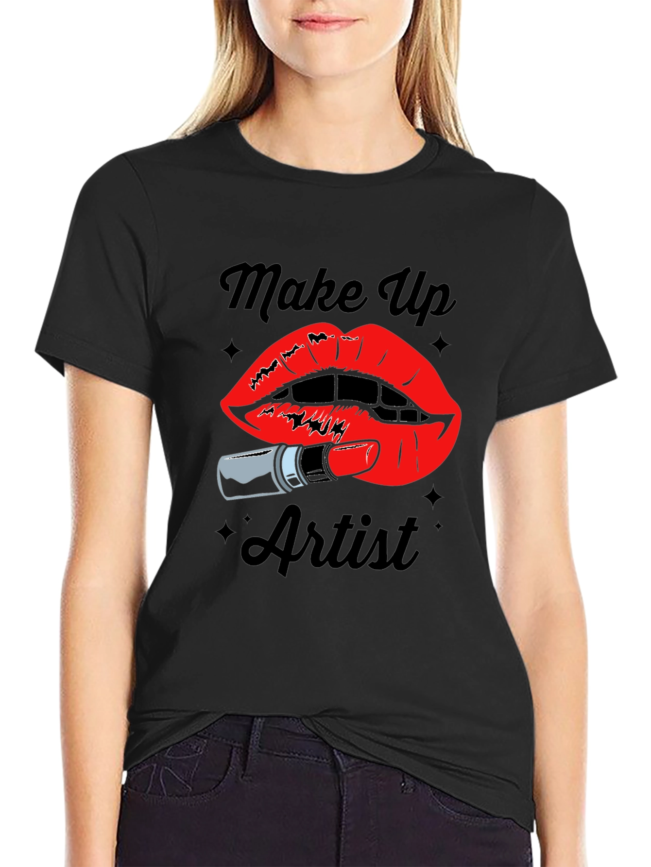 Black Makeup Artist T-Shirt - Lipstick & Lips Design view 2