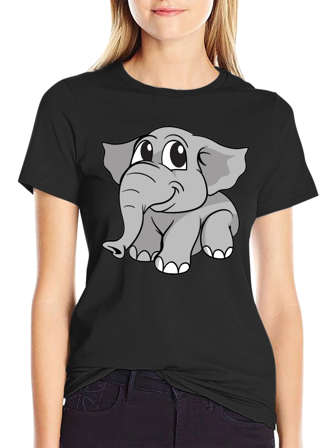 Black Cartoon Elephant Graphic Black T-Shirt view 2
