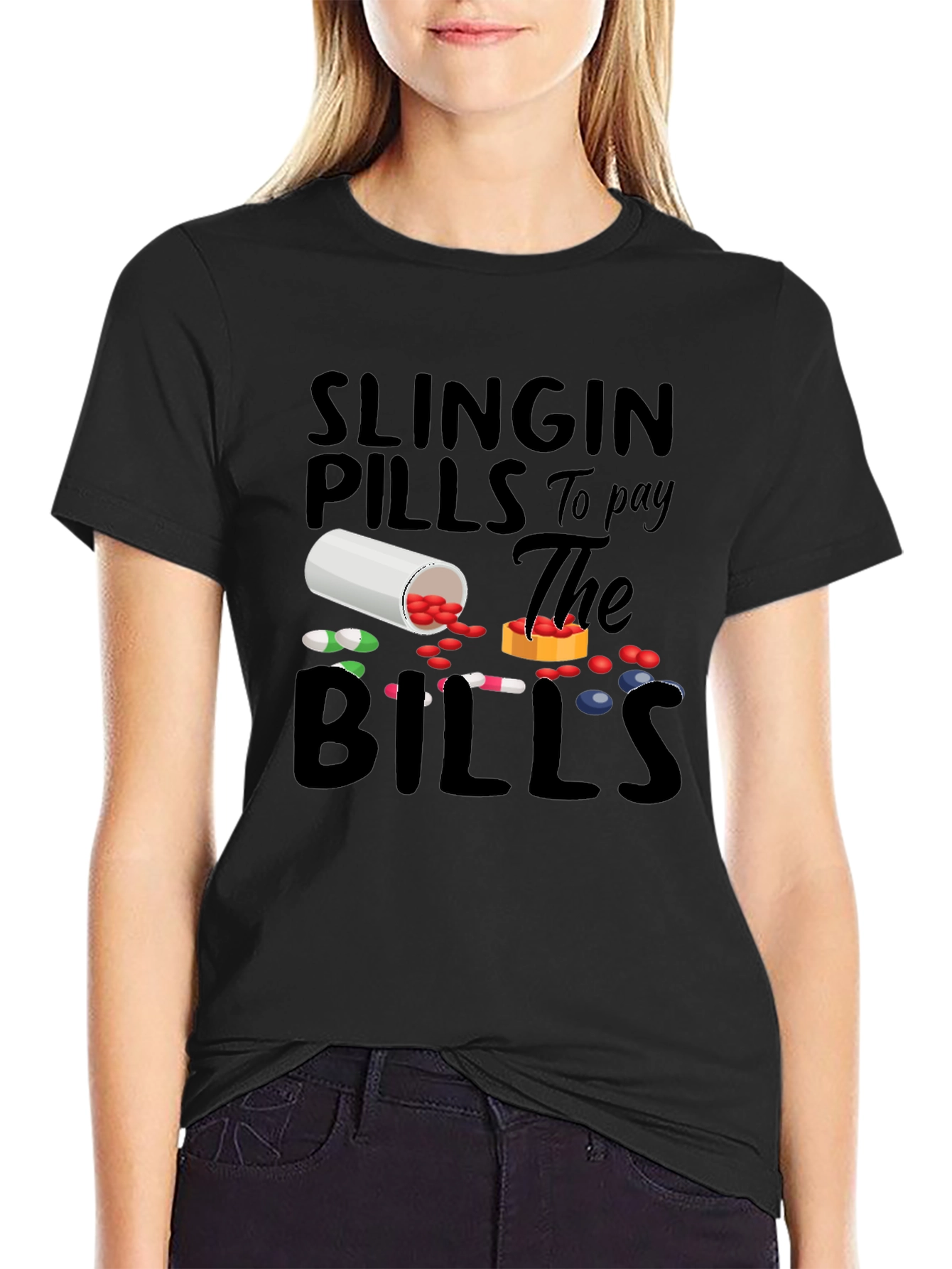 Black Slingin' Pills Graphic Tee - Funny Pharmacy T-Shirt view 2