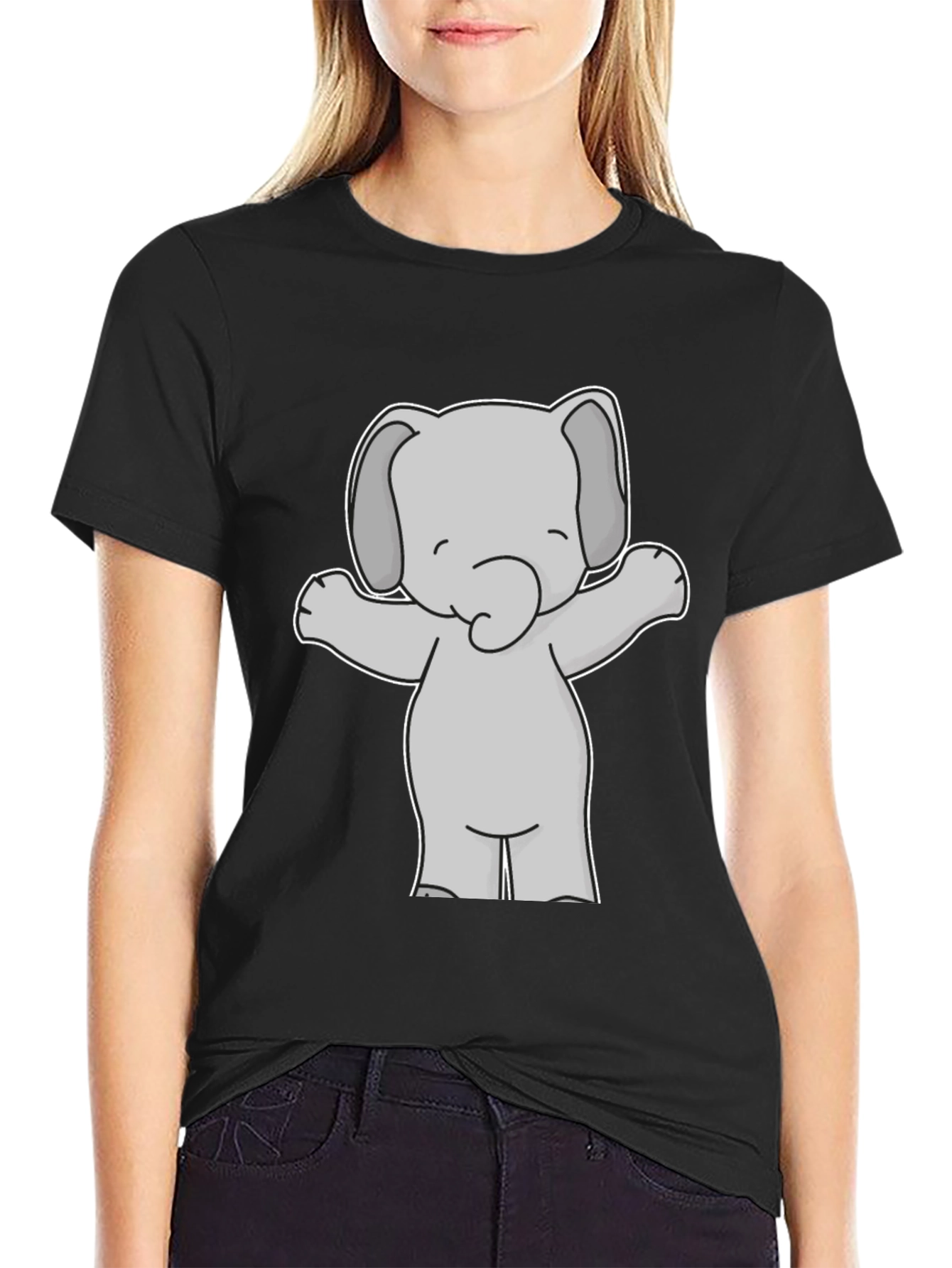 Black Cute Elephant Graphic Tee - Black Cotton T-Shirt view 2
