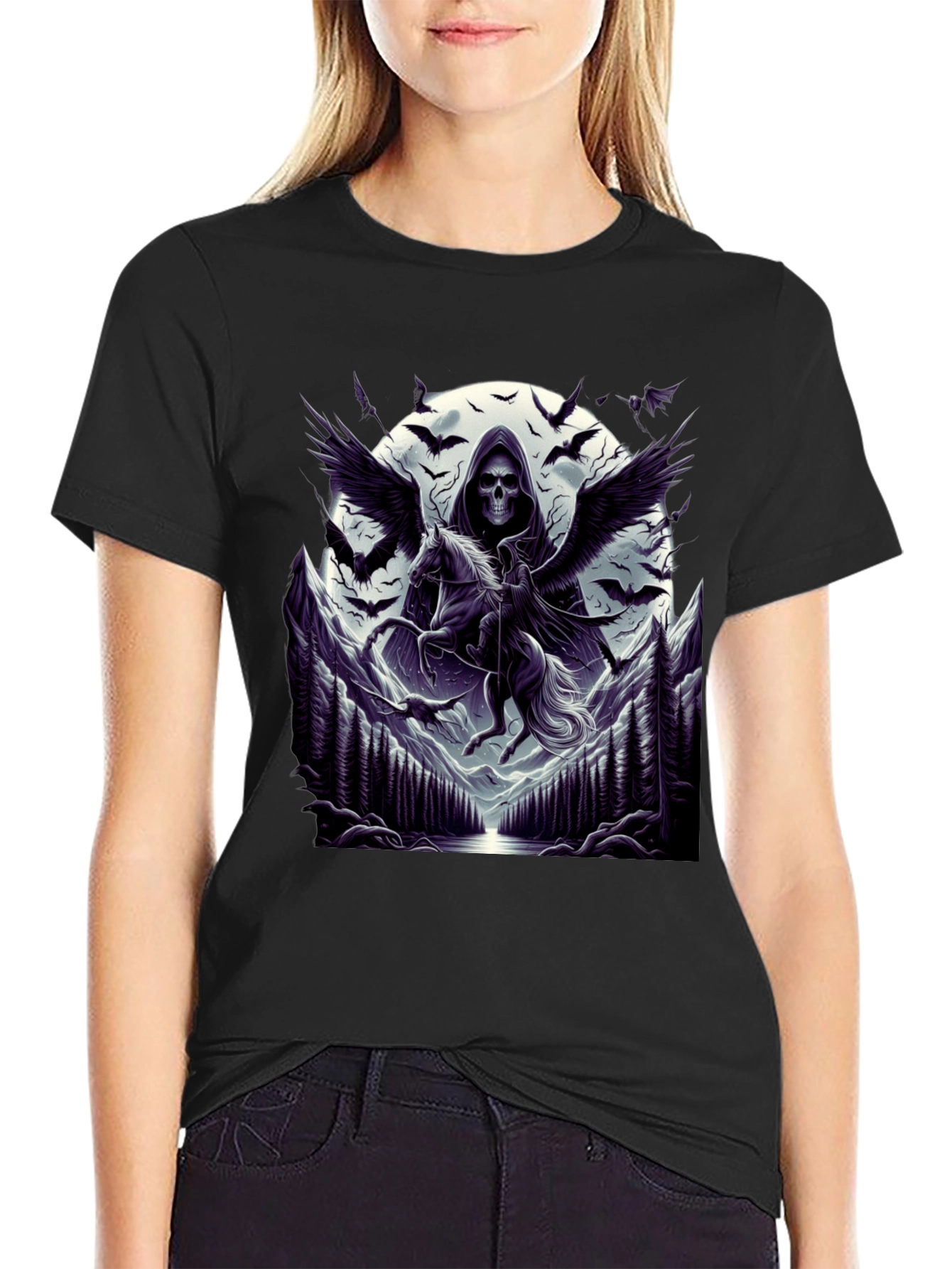 Black Grim Reaper Pegasus T-Shirt - Dark Fantasy Tee view 2