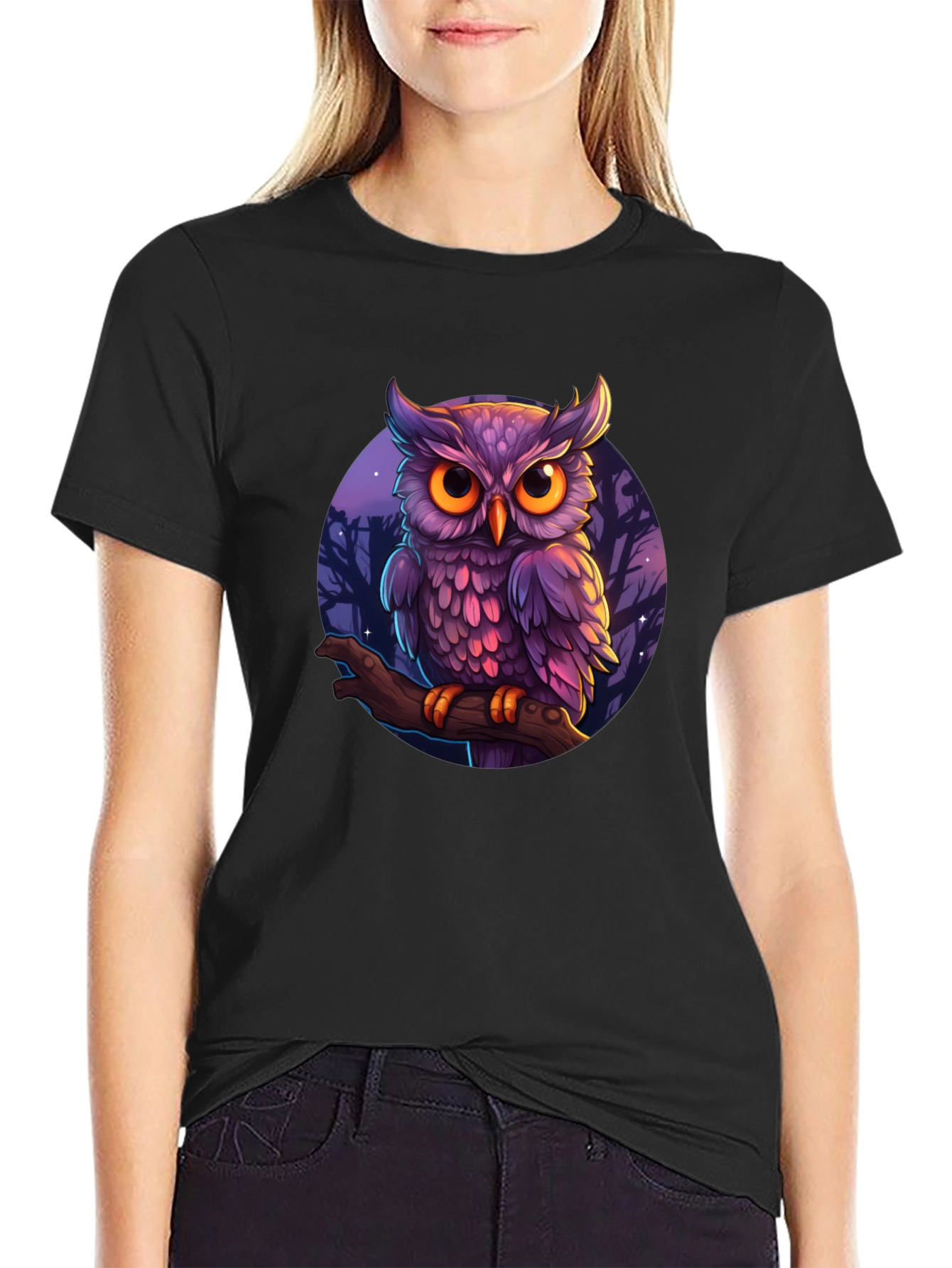 Black Mystic Owl Graphic Tee - Black Cotton T-Shirt view 2