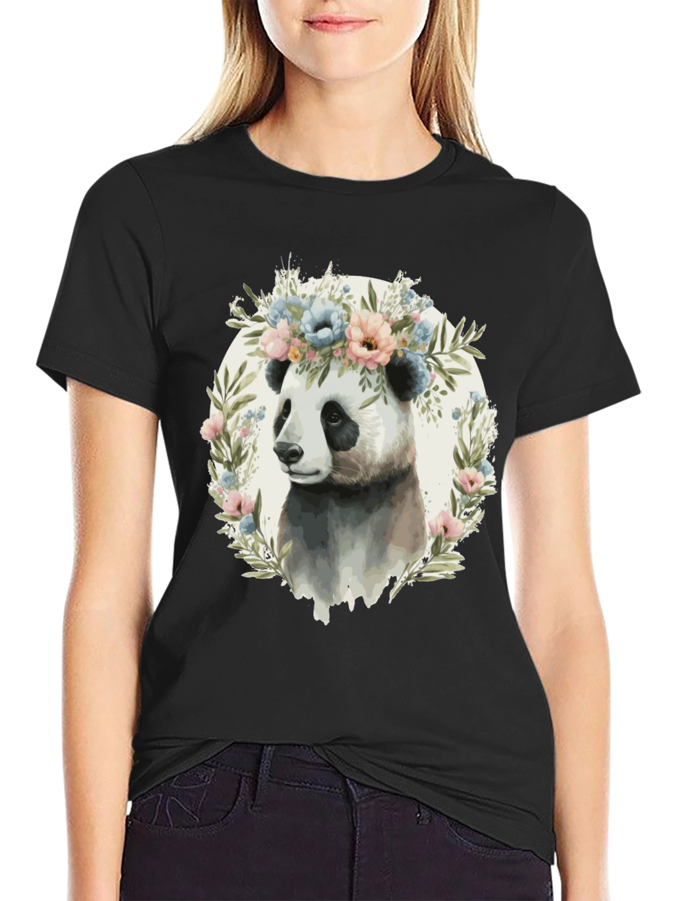 Black Panda Floral Wreath Graphic Tee - Unique Animal Lover Shirt view 2