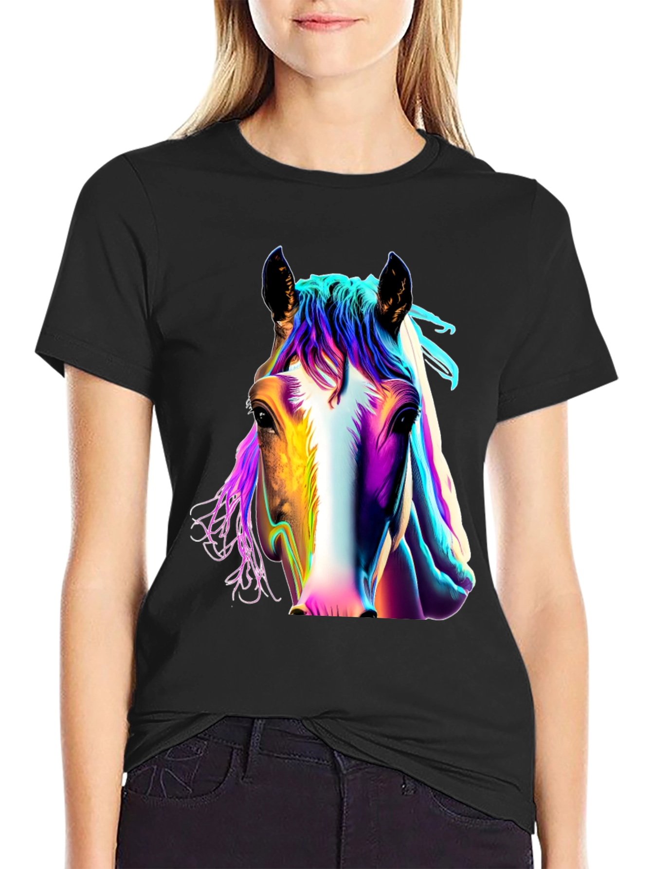 Colorful Horse Graphic Black T-Shirt - 2