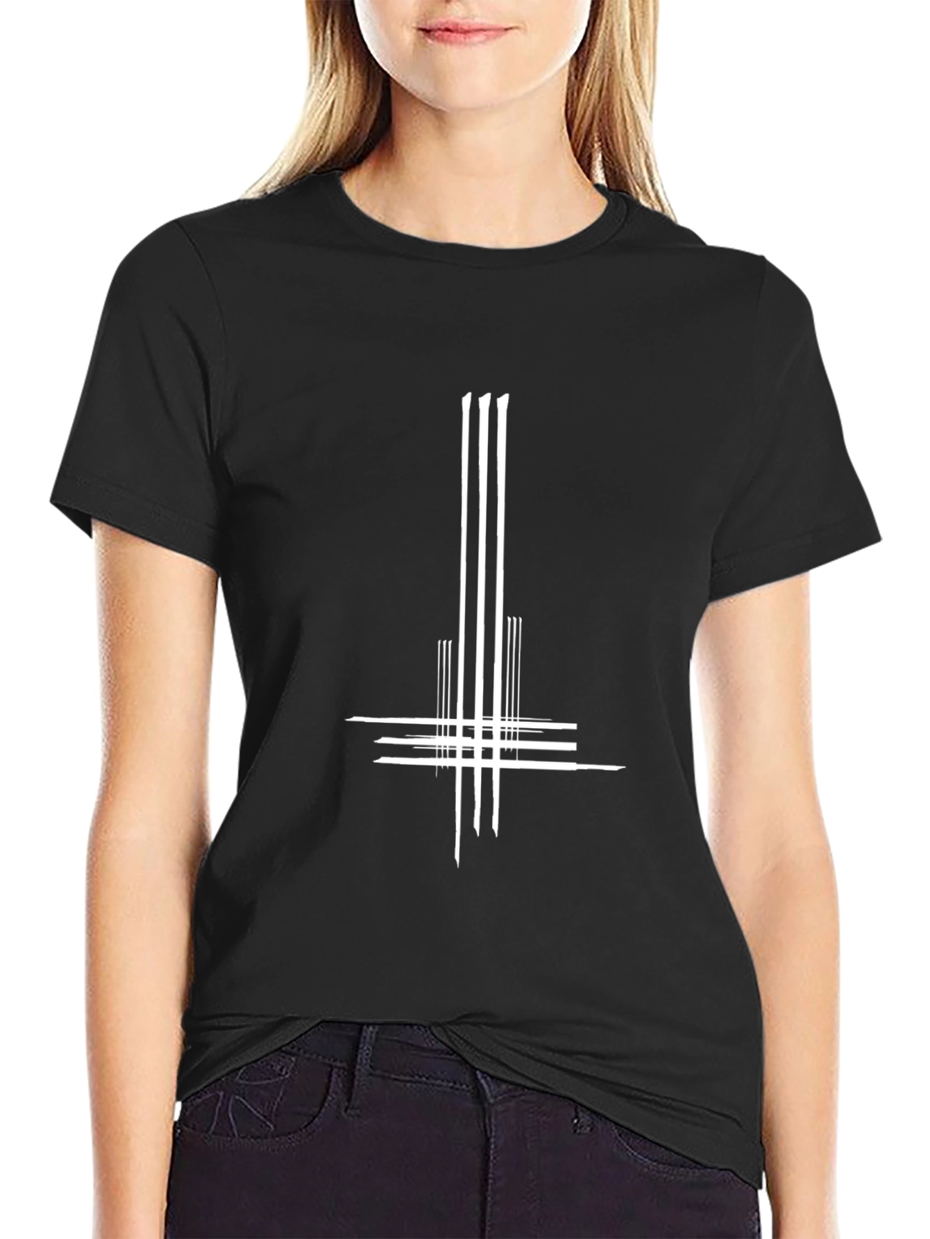 Black Black T-Shirt with White Inverted Cross Graphic view 2