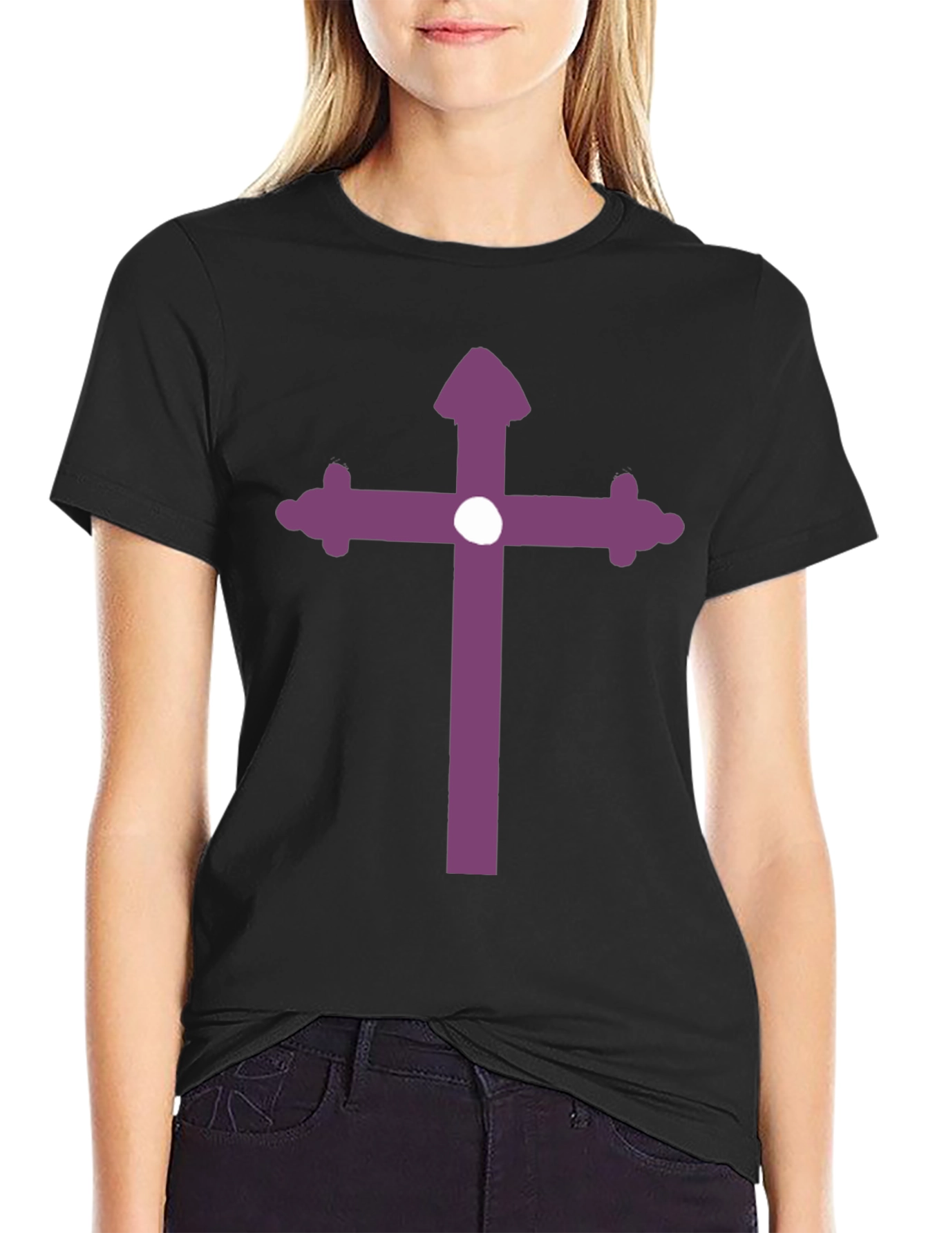 Black Black T-Shirt with Purple Cross Design view 2