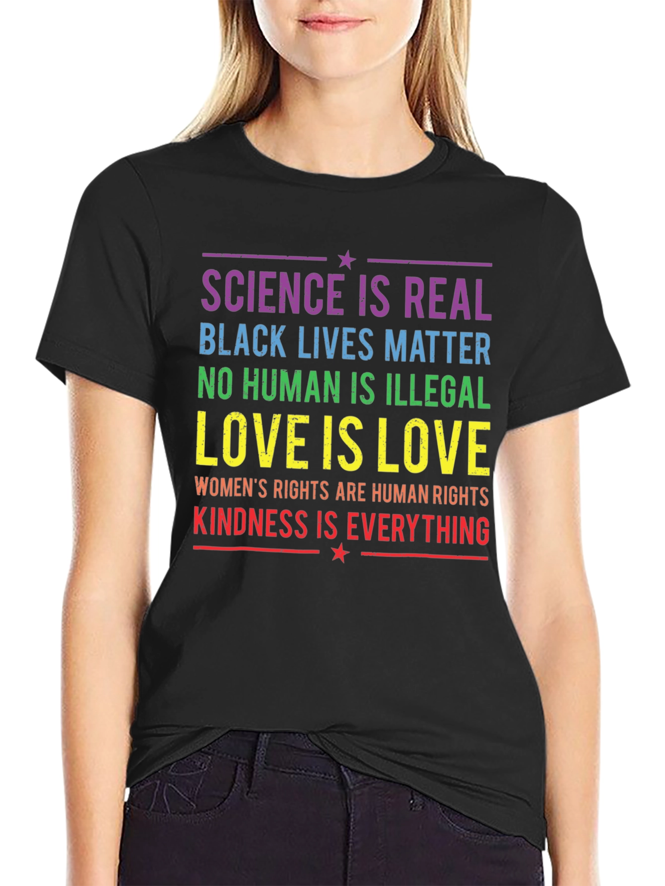 Black Equality & Kindness T-Shirt: Science, Love, Rights view 2