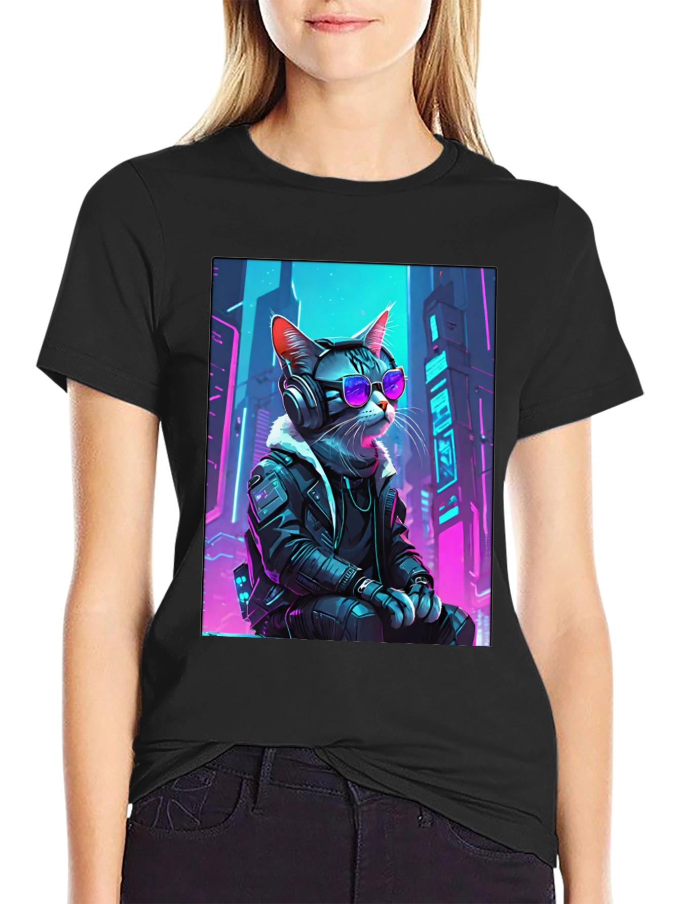 Black Cyberpunk Cat T-Shirt - Cool Neon Design view 2