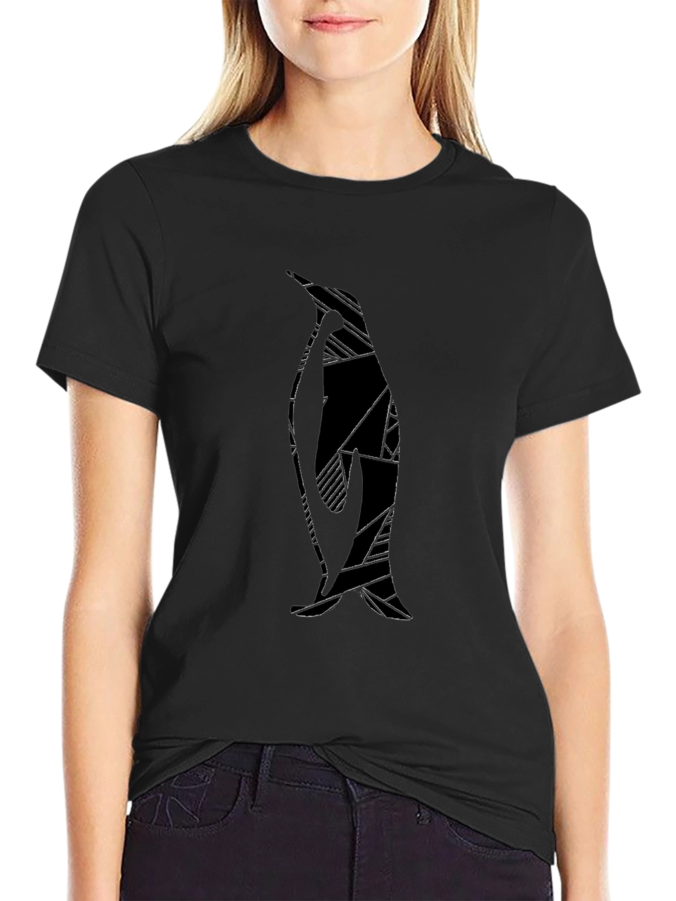 Black Abstract Penguin Graphic Print Black T-Shirt view 2