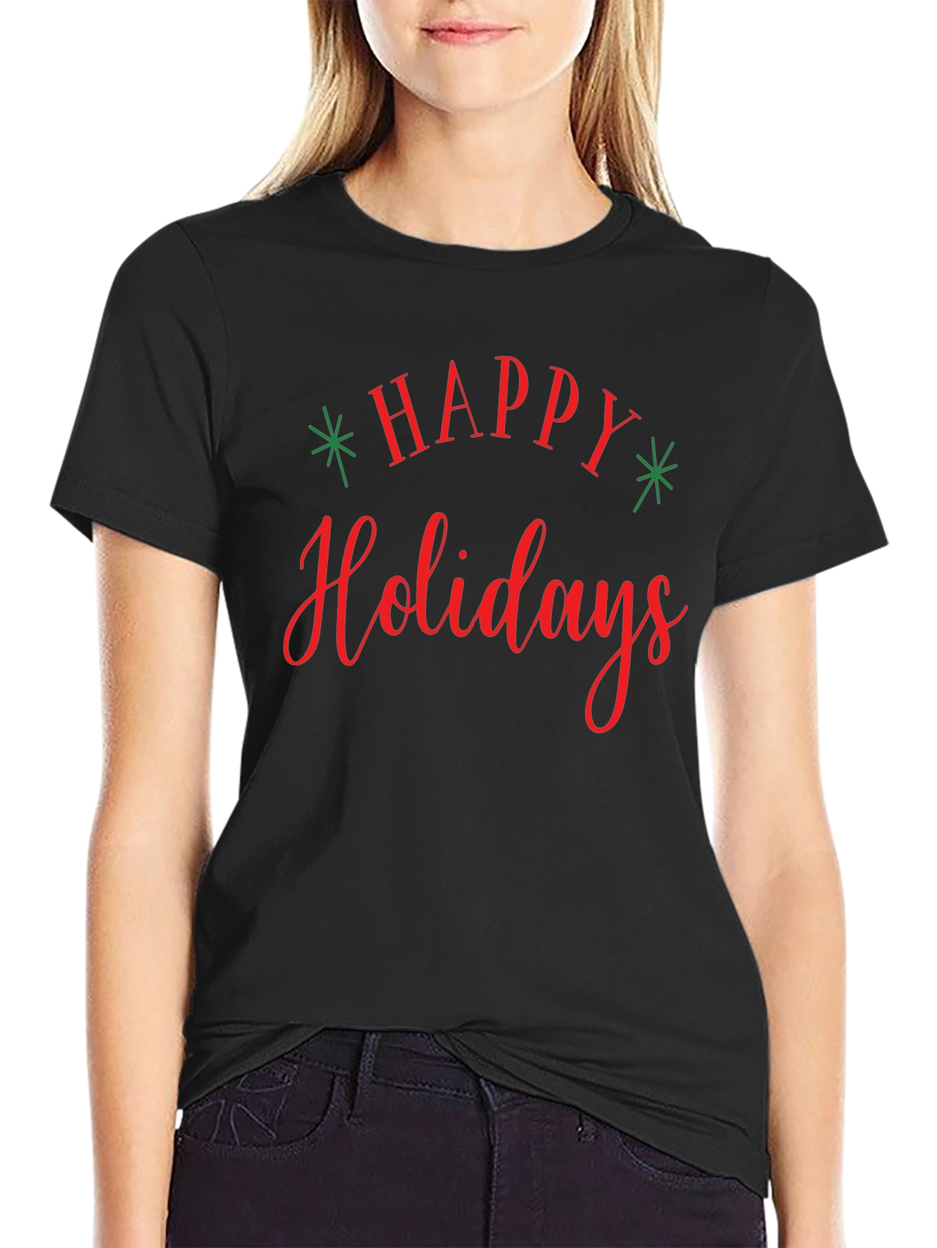 Black Happy Holidays Graphic T-Shirt - Festive Holiday Apparel view 2