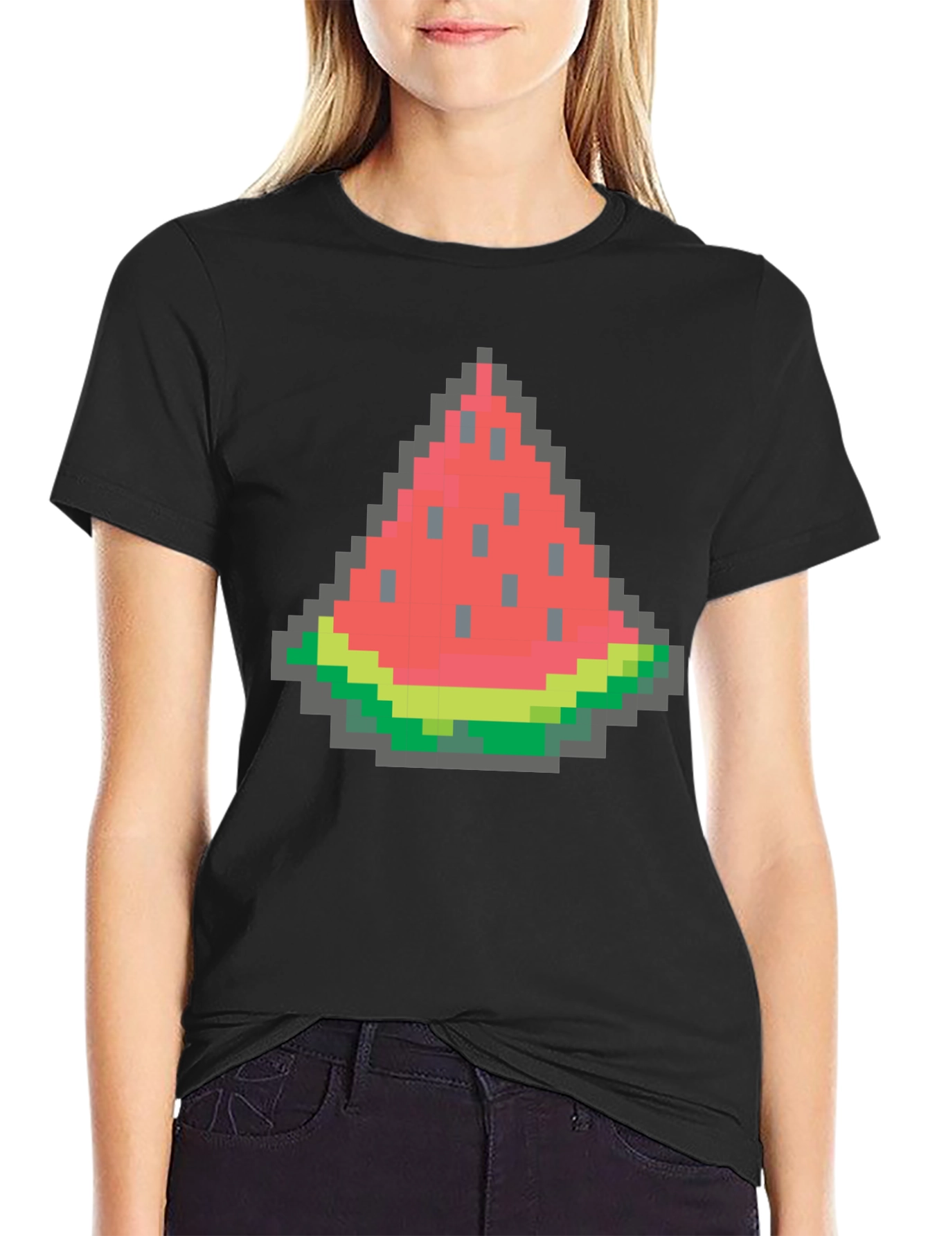 Black Pixel Watermelon Graphic Tee - Black Cotton Shirt view 2