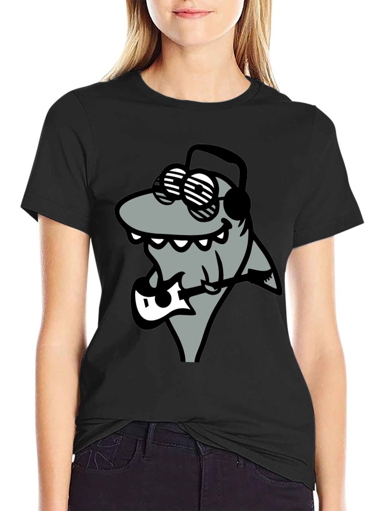 Black Cool Shark Guitarist Graphic Tee view 2