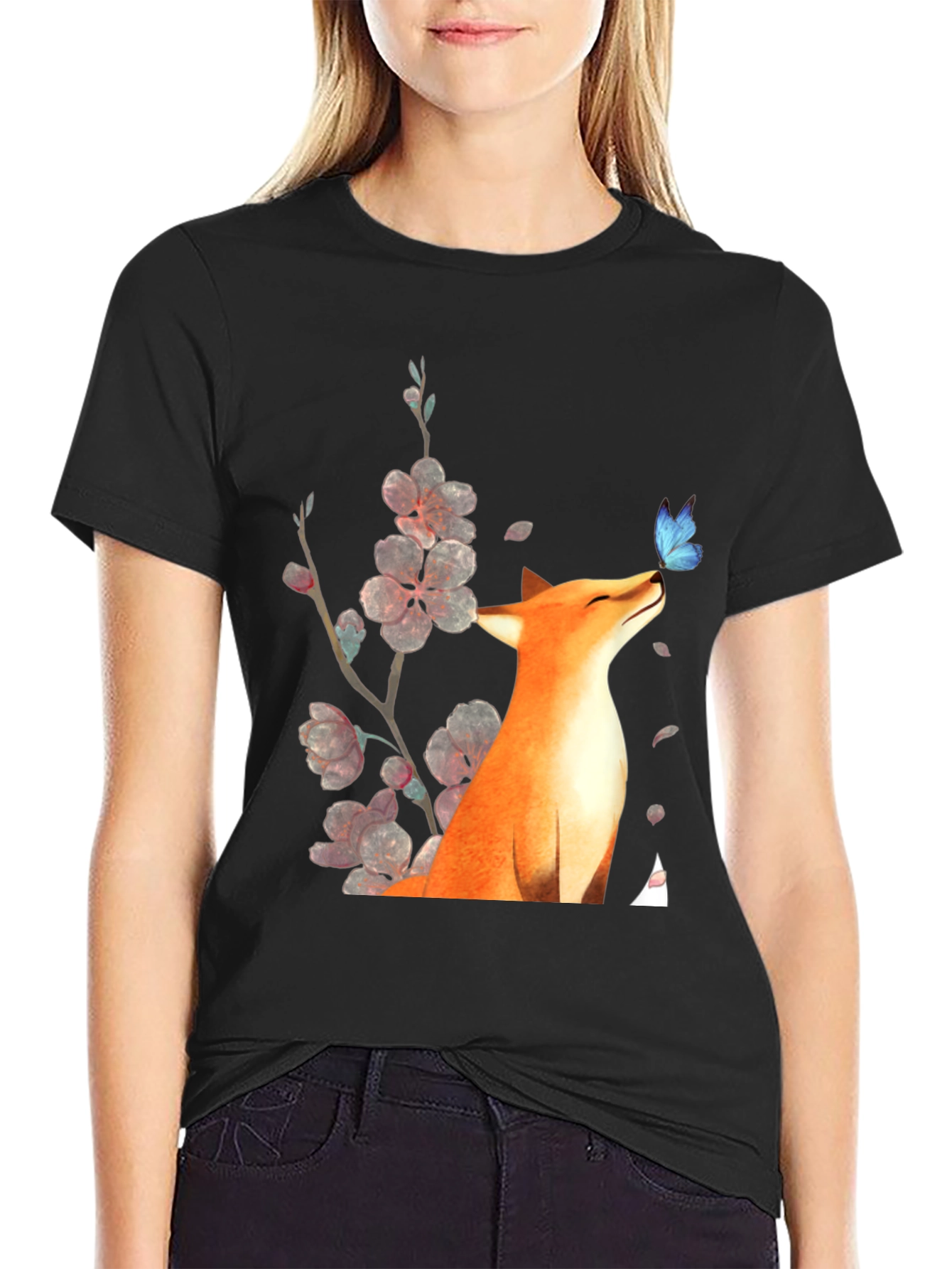 Black Fox & Butterfly Graphic Tee - Unisex Black T-Shirt view 2