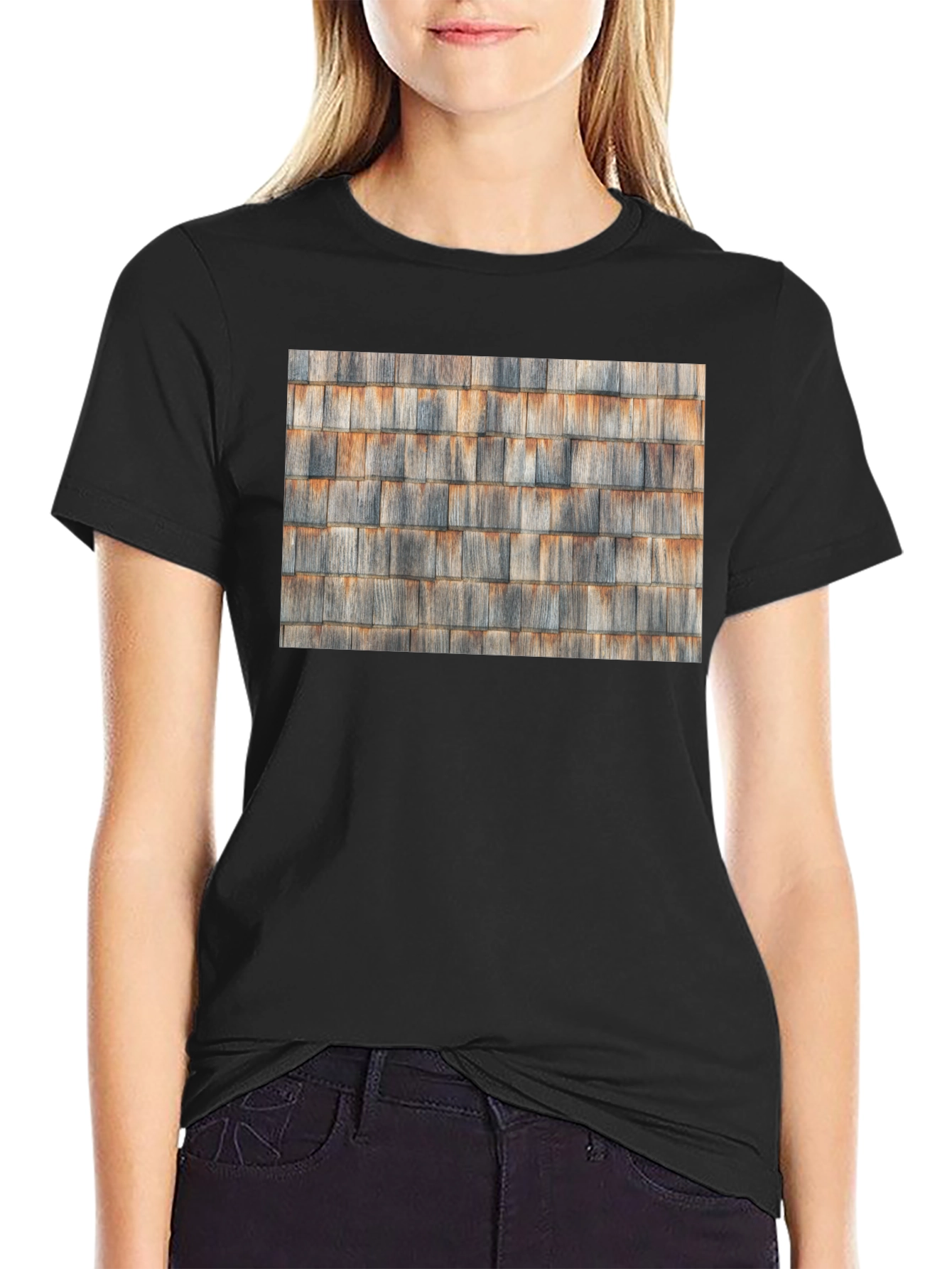 Black Rustic Cedar Shingle Pattern Black T-Shirt view 2