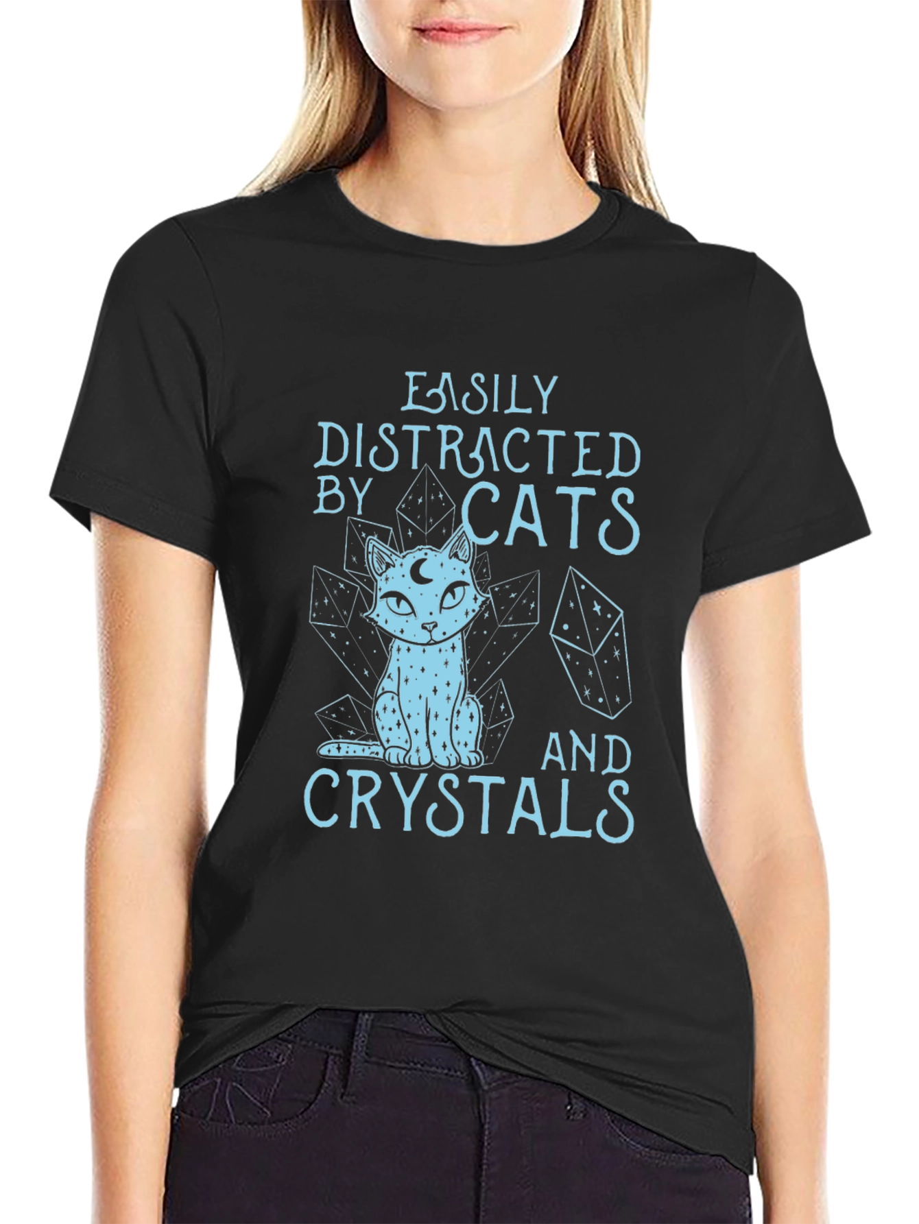 Black Easily Distracted by Cats & Crystals T-Shirt view 2