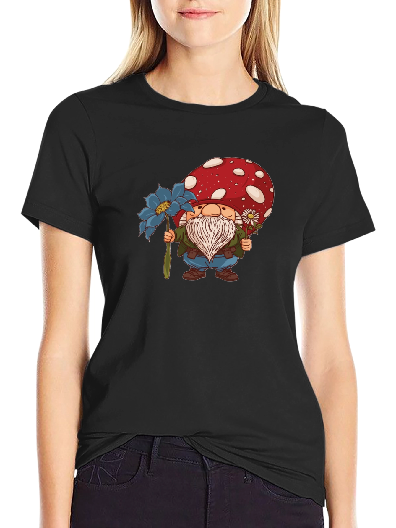 Black Mushroom Gnome T-Shirt - Whimsical Garden Style view 2