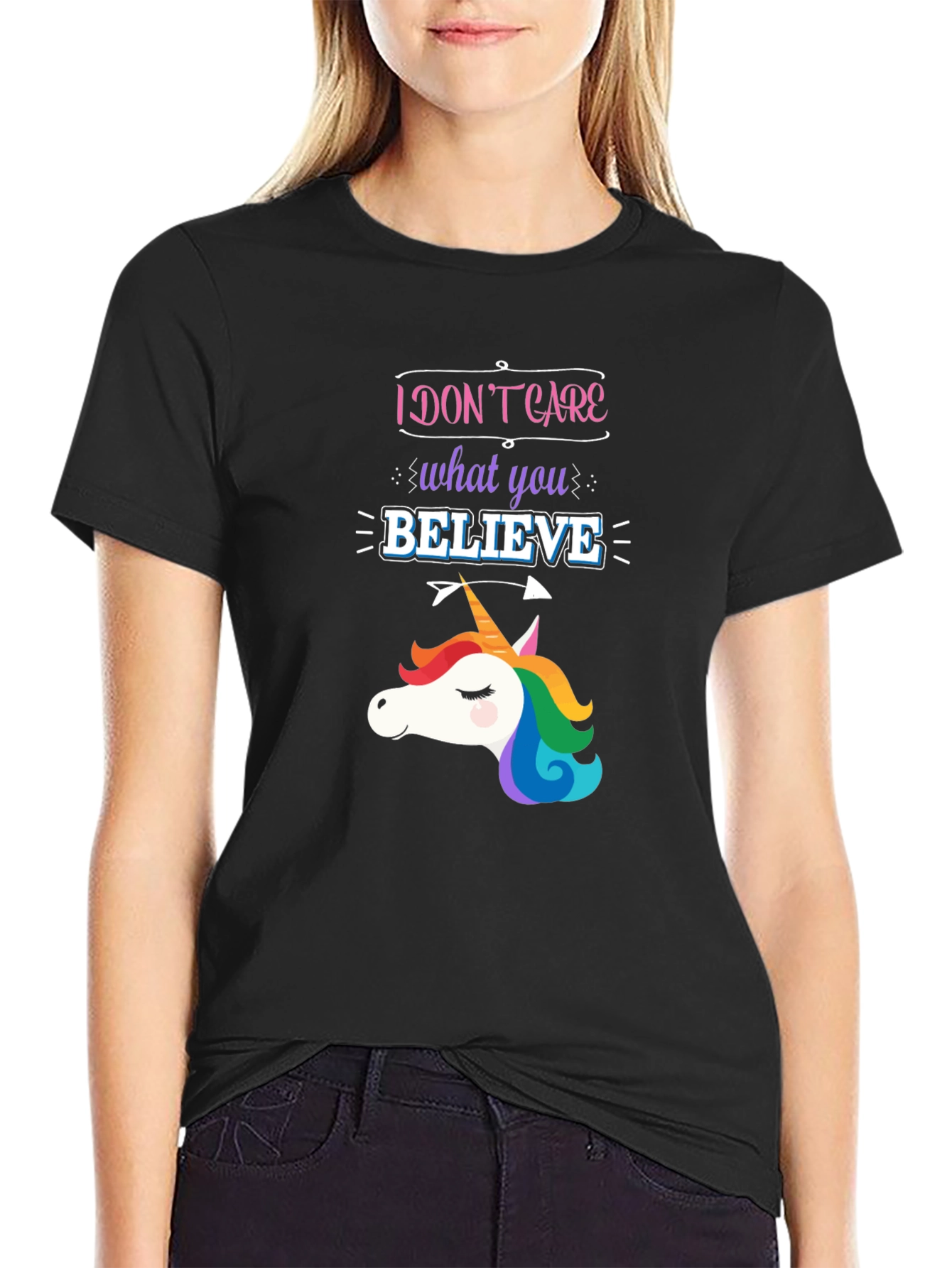 Black I Don't Care What You Believe Unicorn Graphic Tee view 2