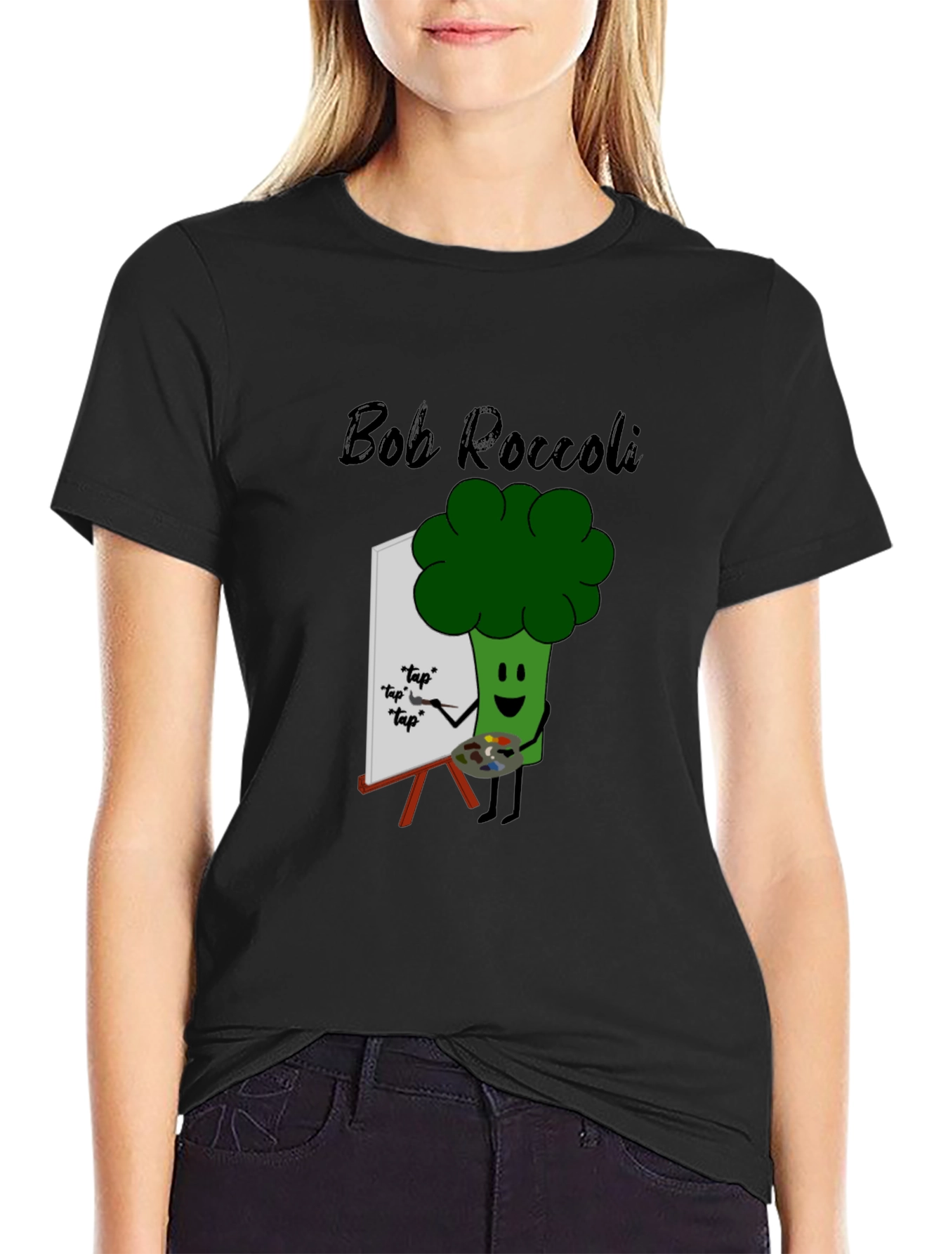 Black Bob Roccoli T-Shirt: Quirky Broccoli Artist Tee view 2