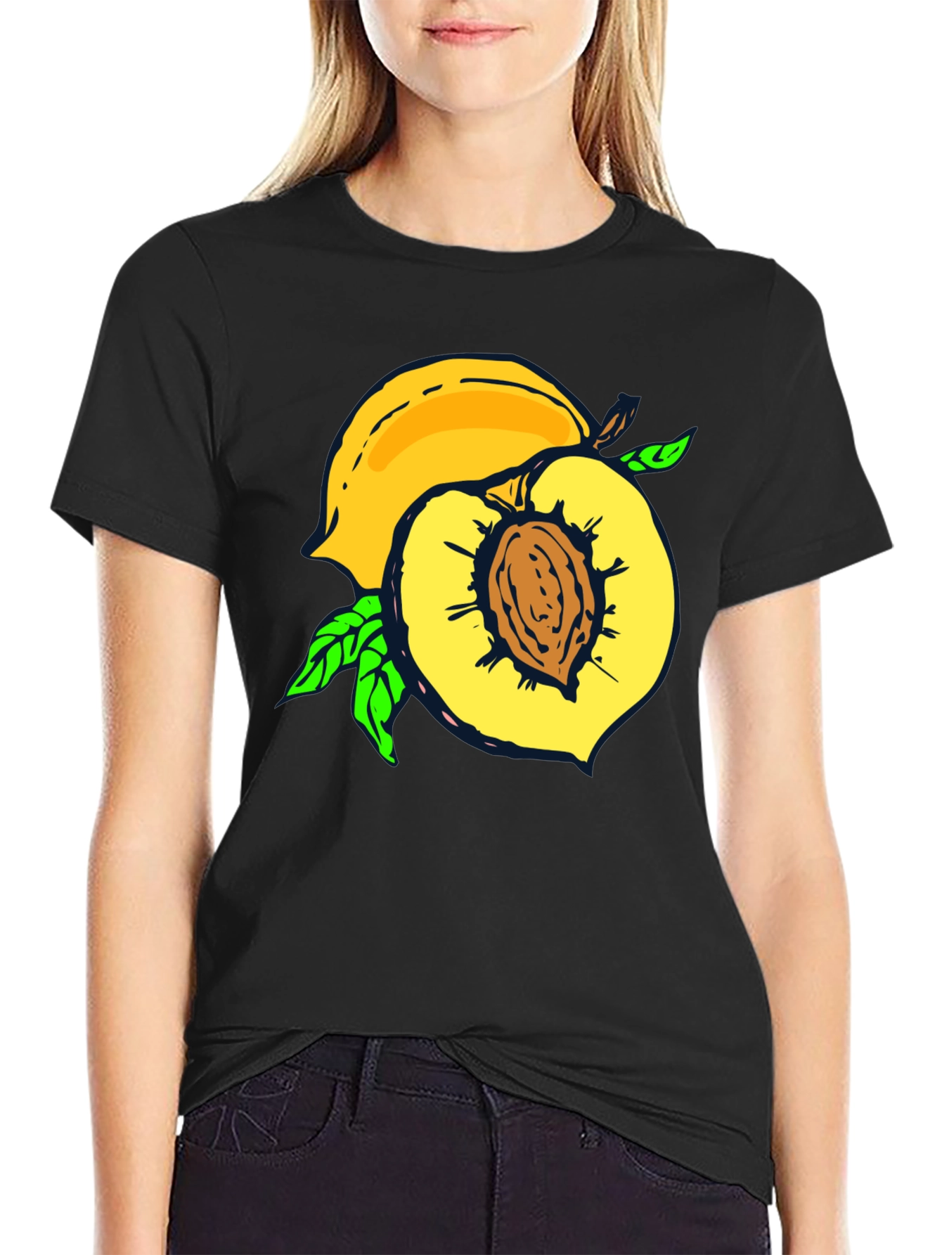 Black Peach Graphic Tee - Fruit Lover's Casual Black T-Shirt view 2