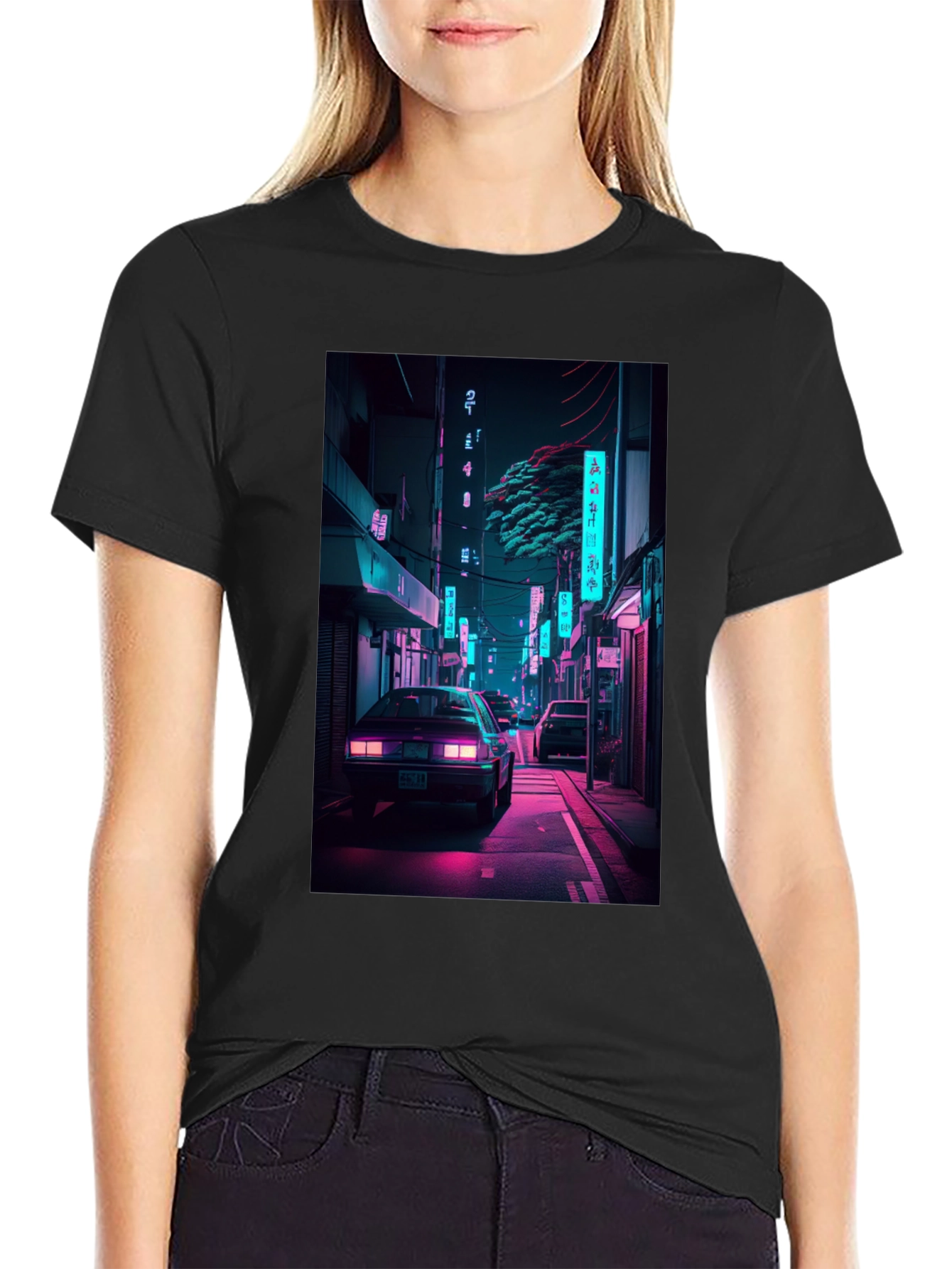Black Retro Neon City Car Graphic T-Shirt view 2