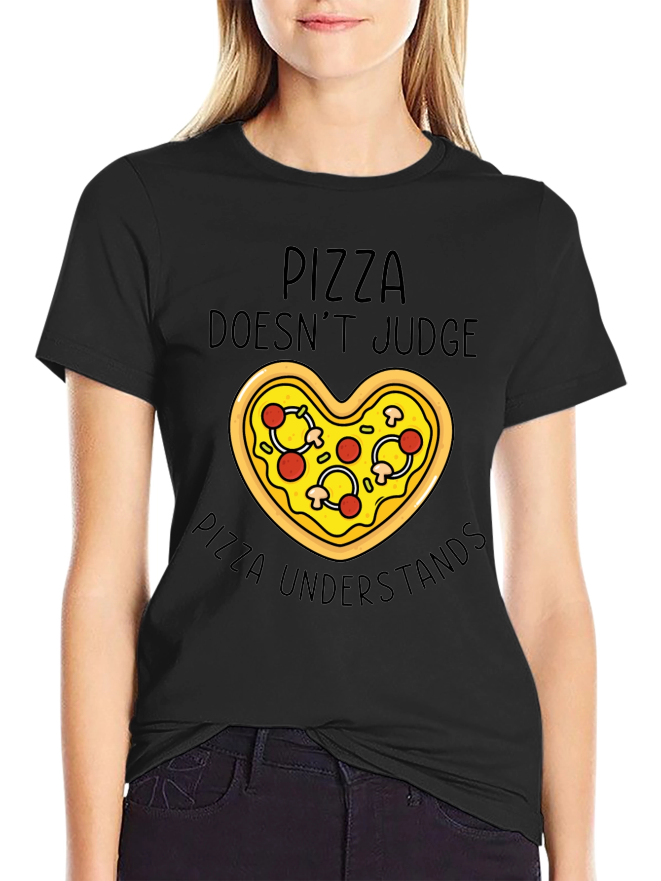 Black Pizza Lover's Tee: Pizza Doesn't Judge T-Shirt view 2