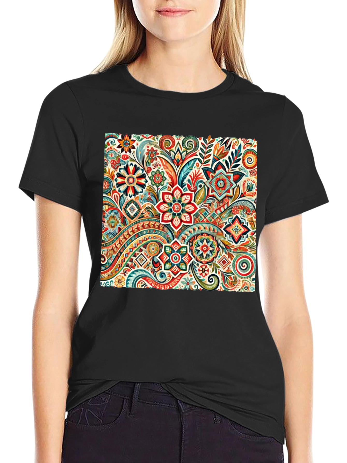 Black Floral Pattern Black T-Shirt: Vibrant & Stylish view 2
