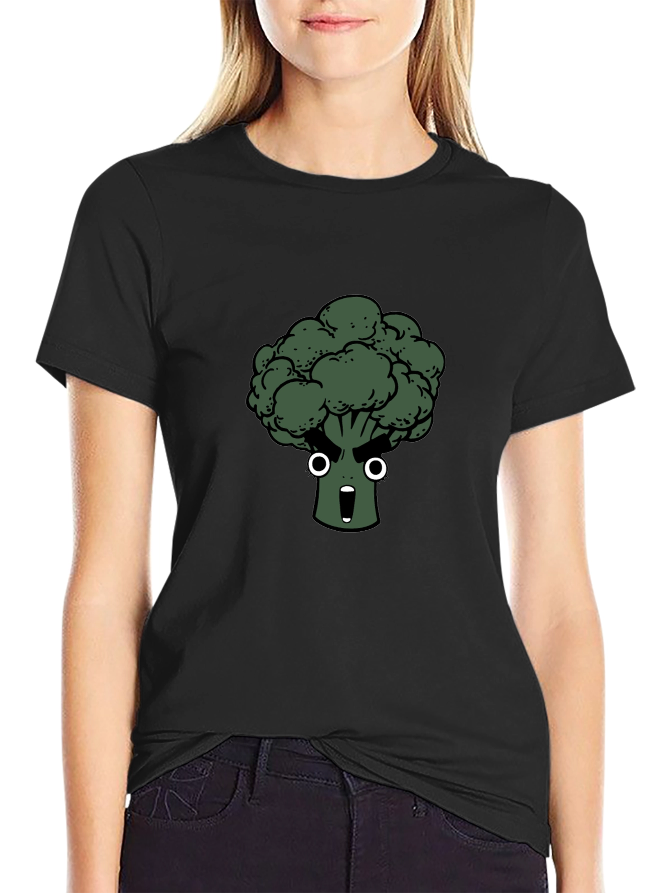 Black Funny Broccoli Cartoon Black T-Shirt view 2