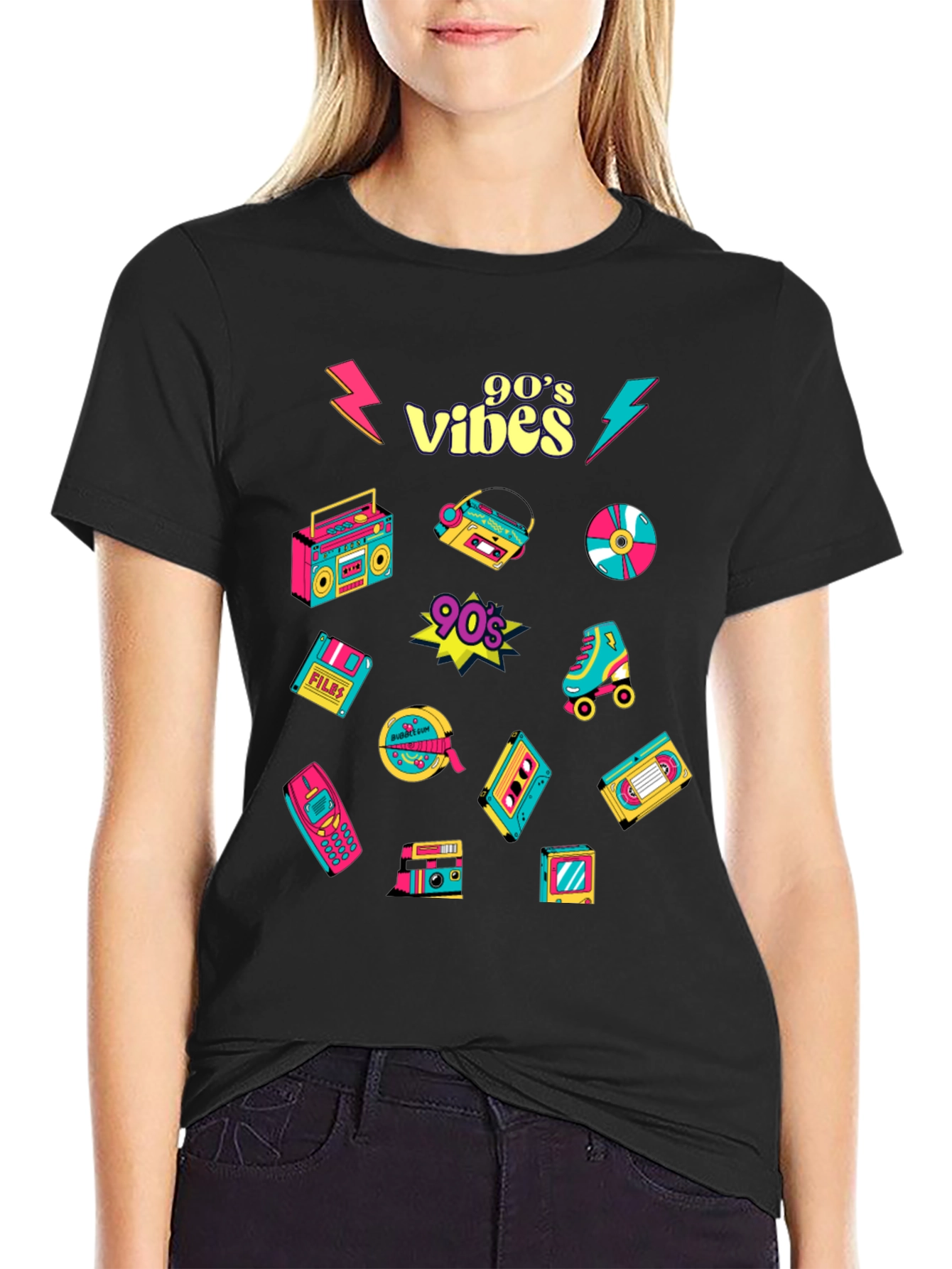 Black 90's Vibes Retro Pattern Black T-Shirt view 2