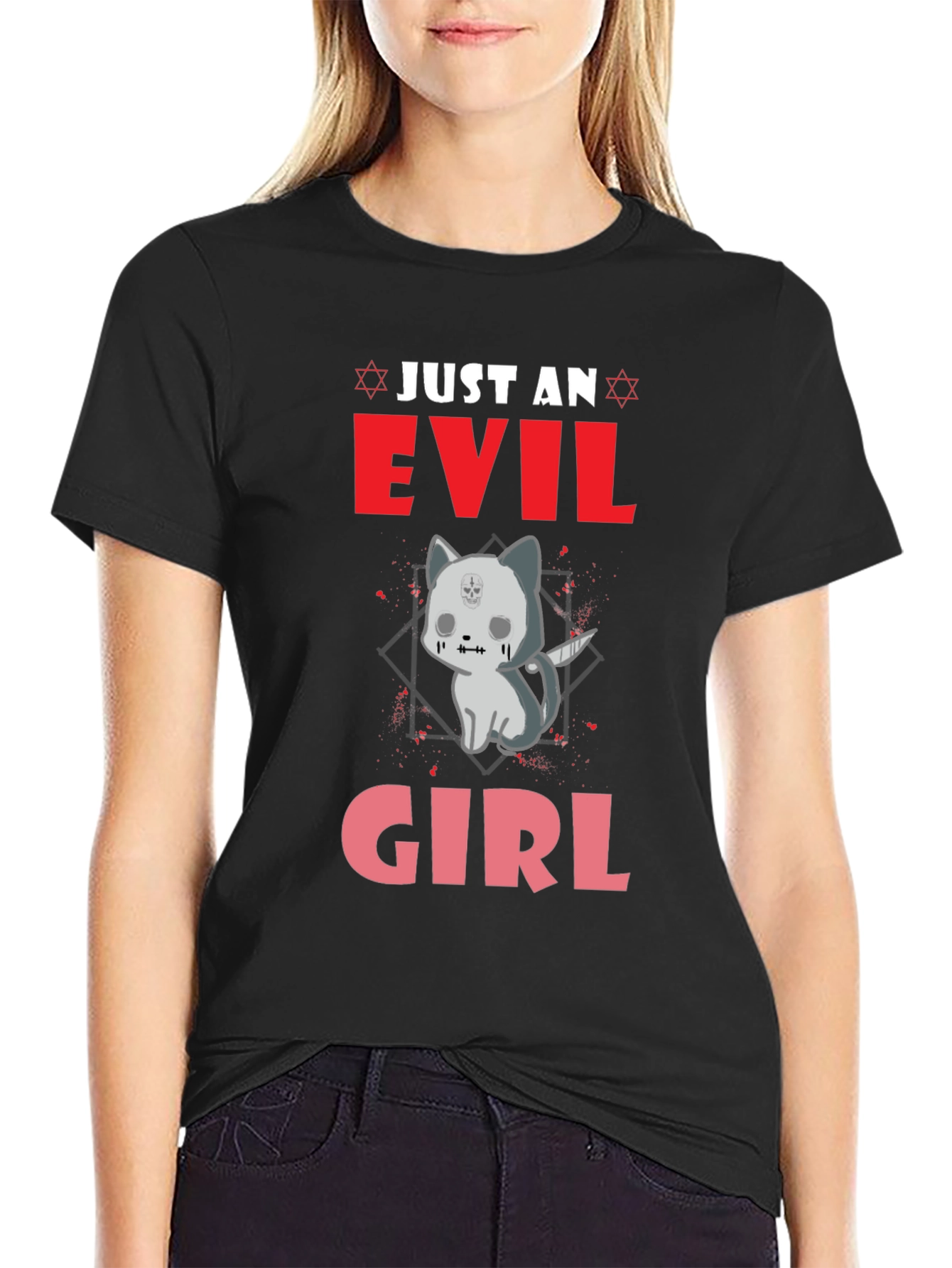 Black Evil Girl Kitten Graphic T-Shirt view 2