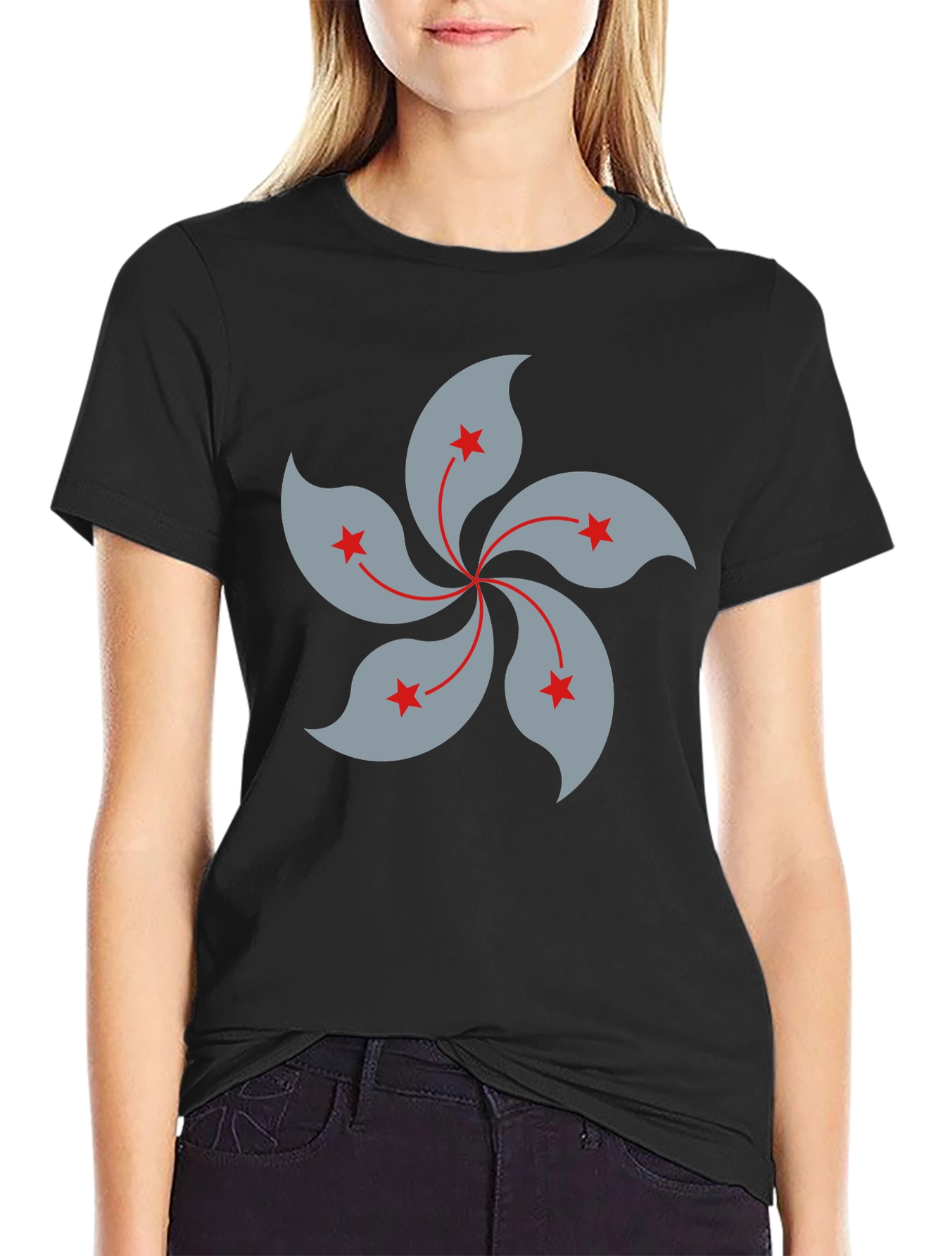 Black T-Shirt with Hong Kong Bauhinia Flower Design - 2