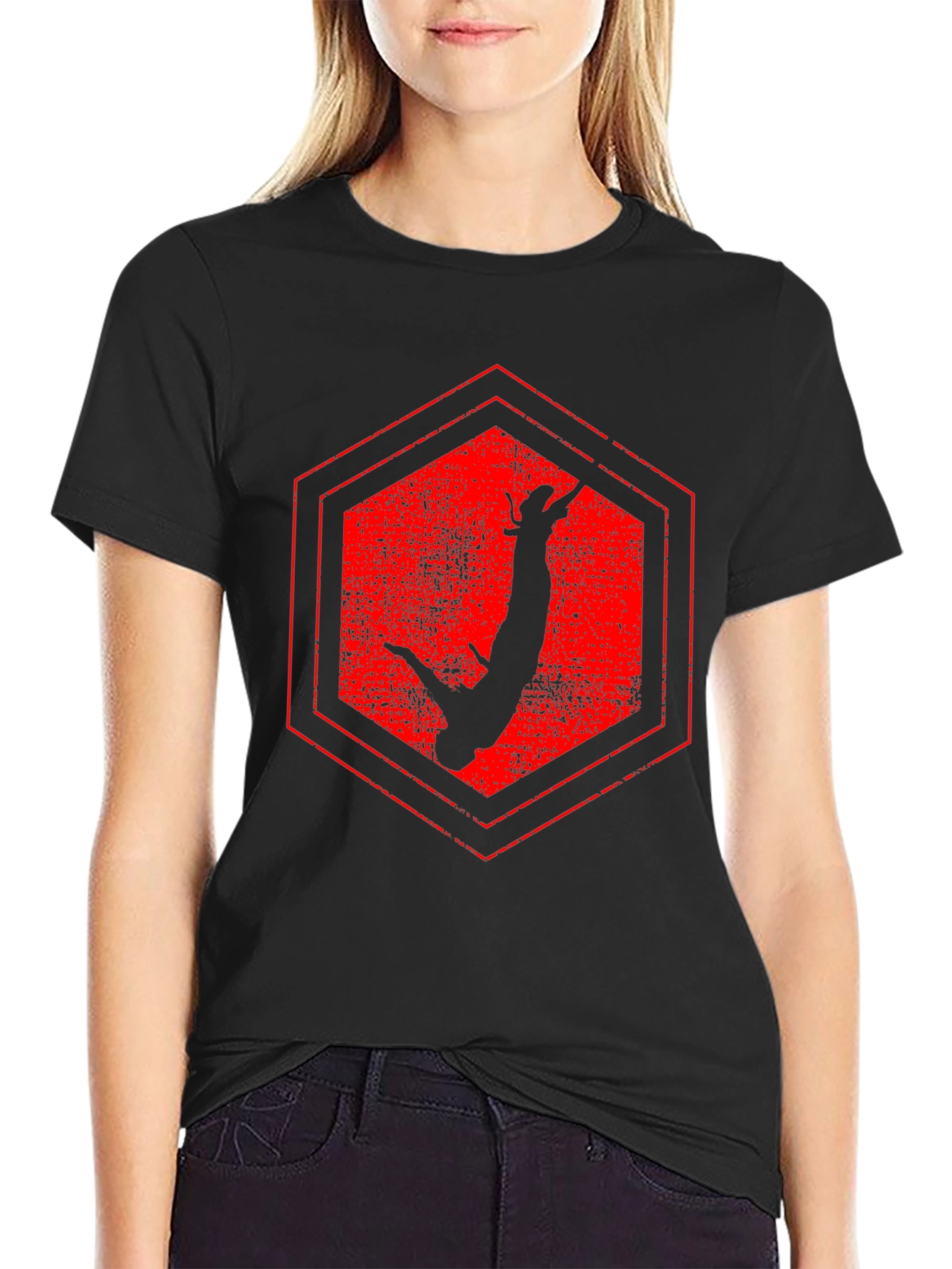 Red Hex Bungee Jumper Black T-Shirt - 2