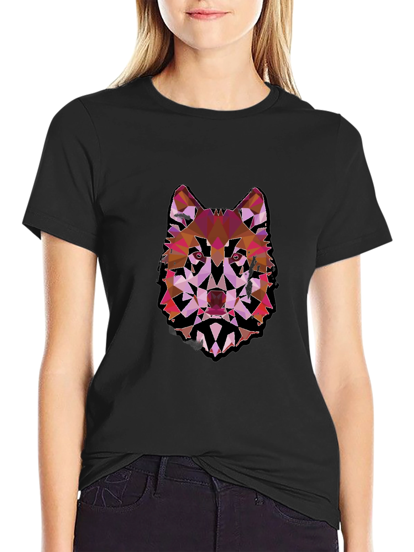 Black Geometric Wolf Graphic Black Tee view 2