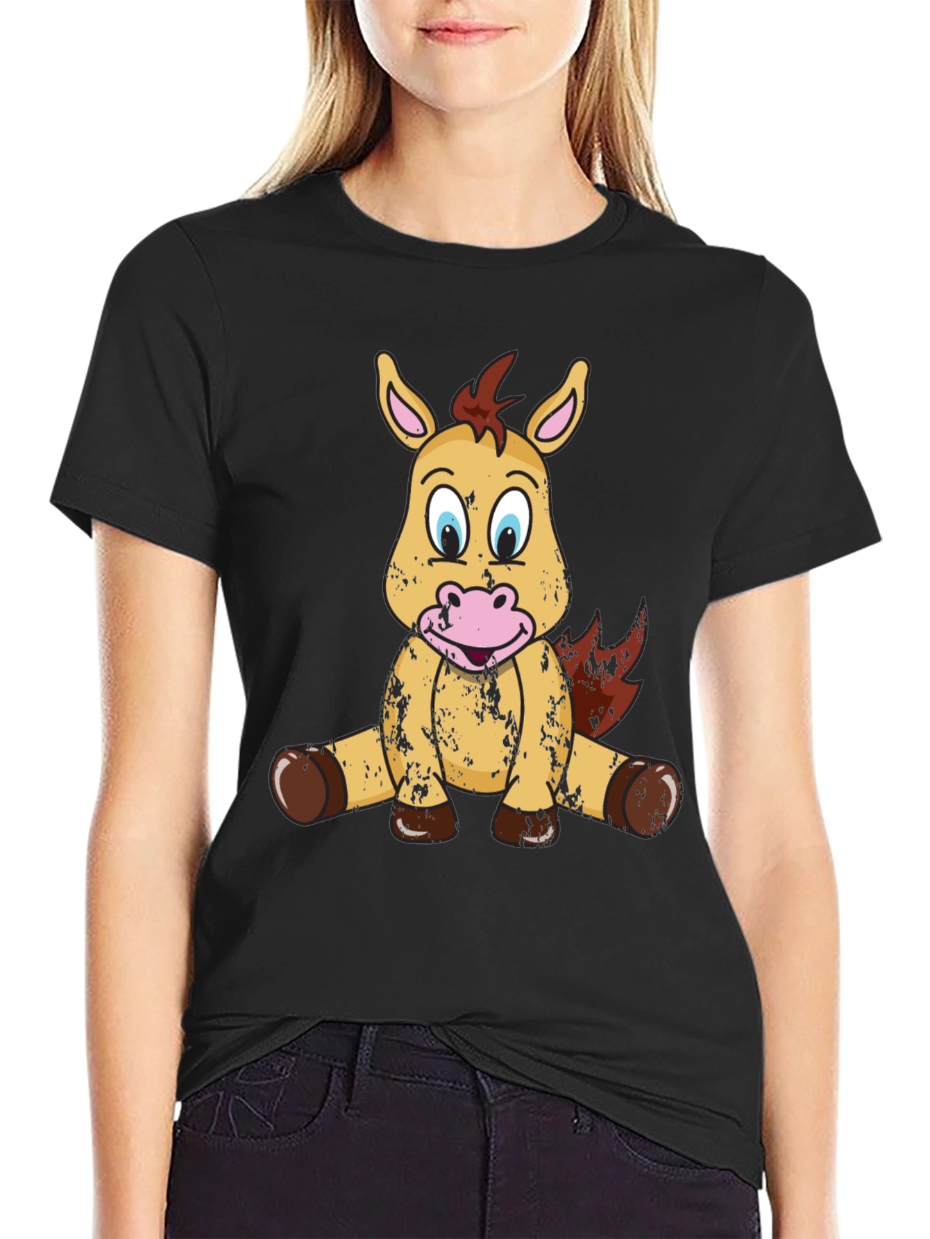 Black Cute Cartoon Horse T-Shirt view 2