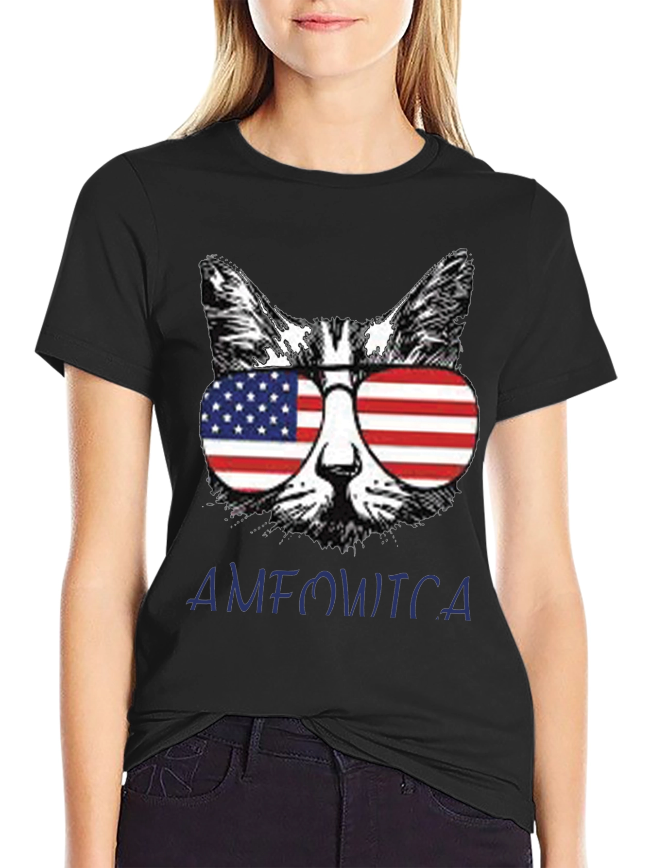 Black Patriotic Cat T-Shirt - "AMFOWTCA" Design view 2