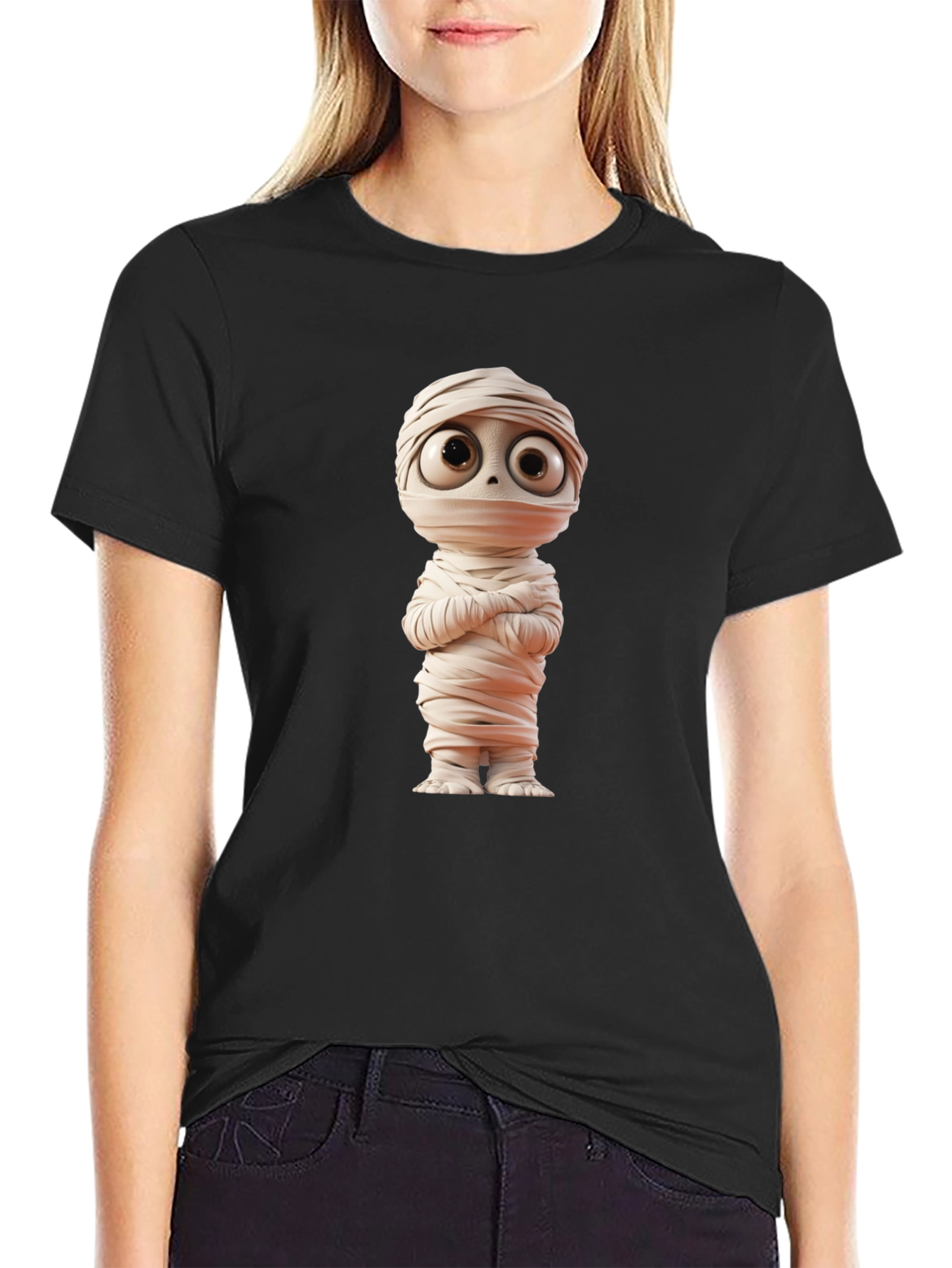 Black Cartoon Mummy Graphic Tee - Black Cotton Blend view 2