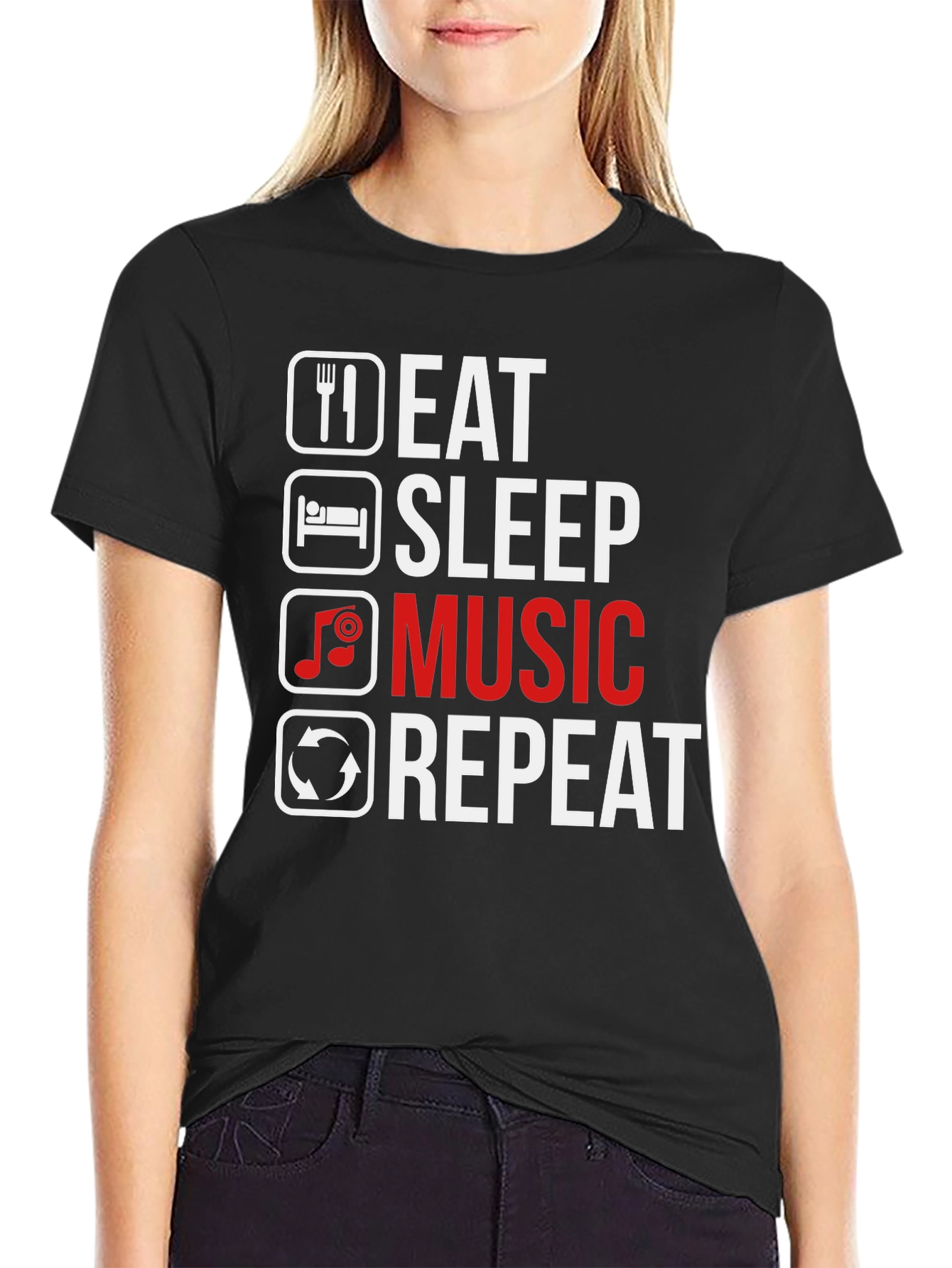 Black Eat Sleep Music Repeat T-Shirt - Music Lover Tee view 2