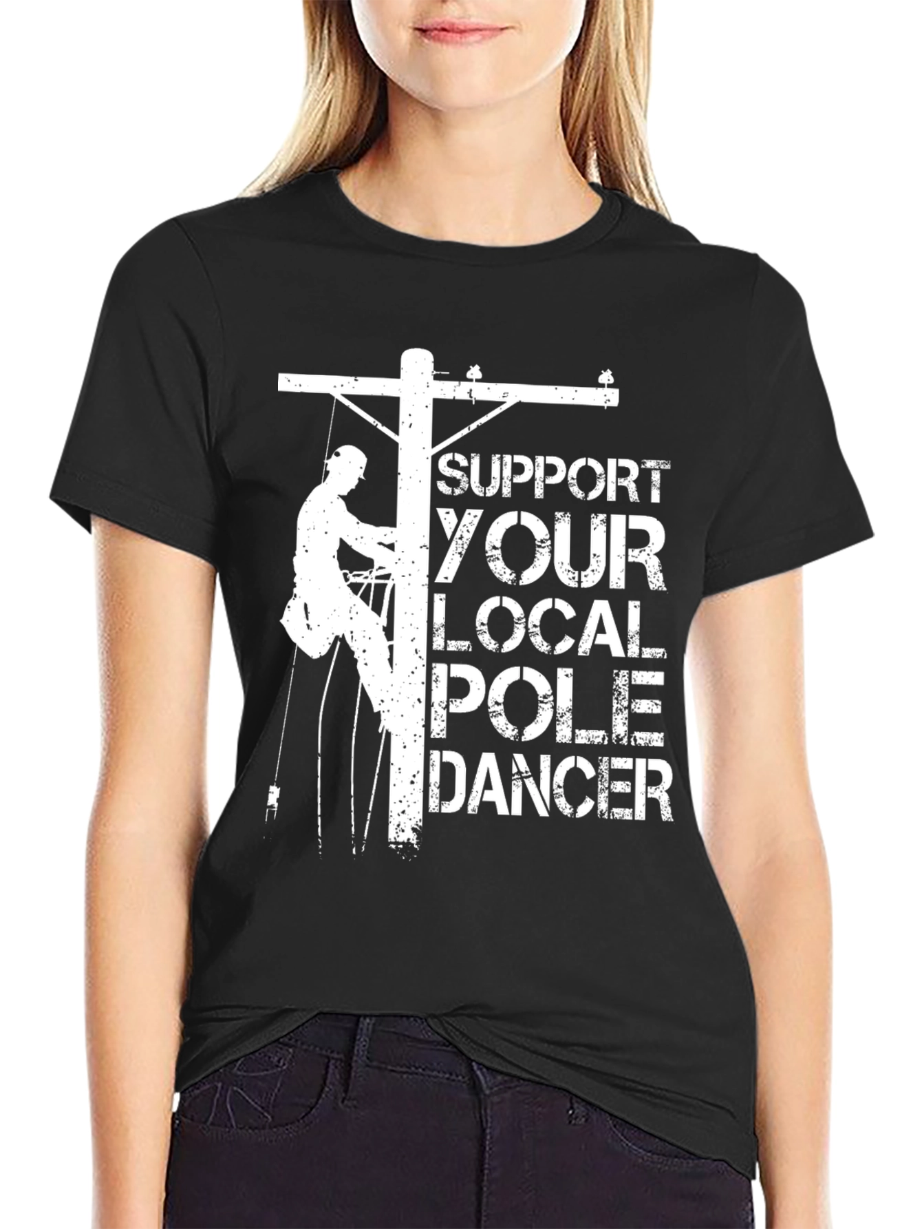 Black Support Your Local Pole Dancer Funny Lineman T-Shirt view 2