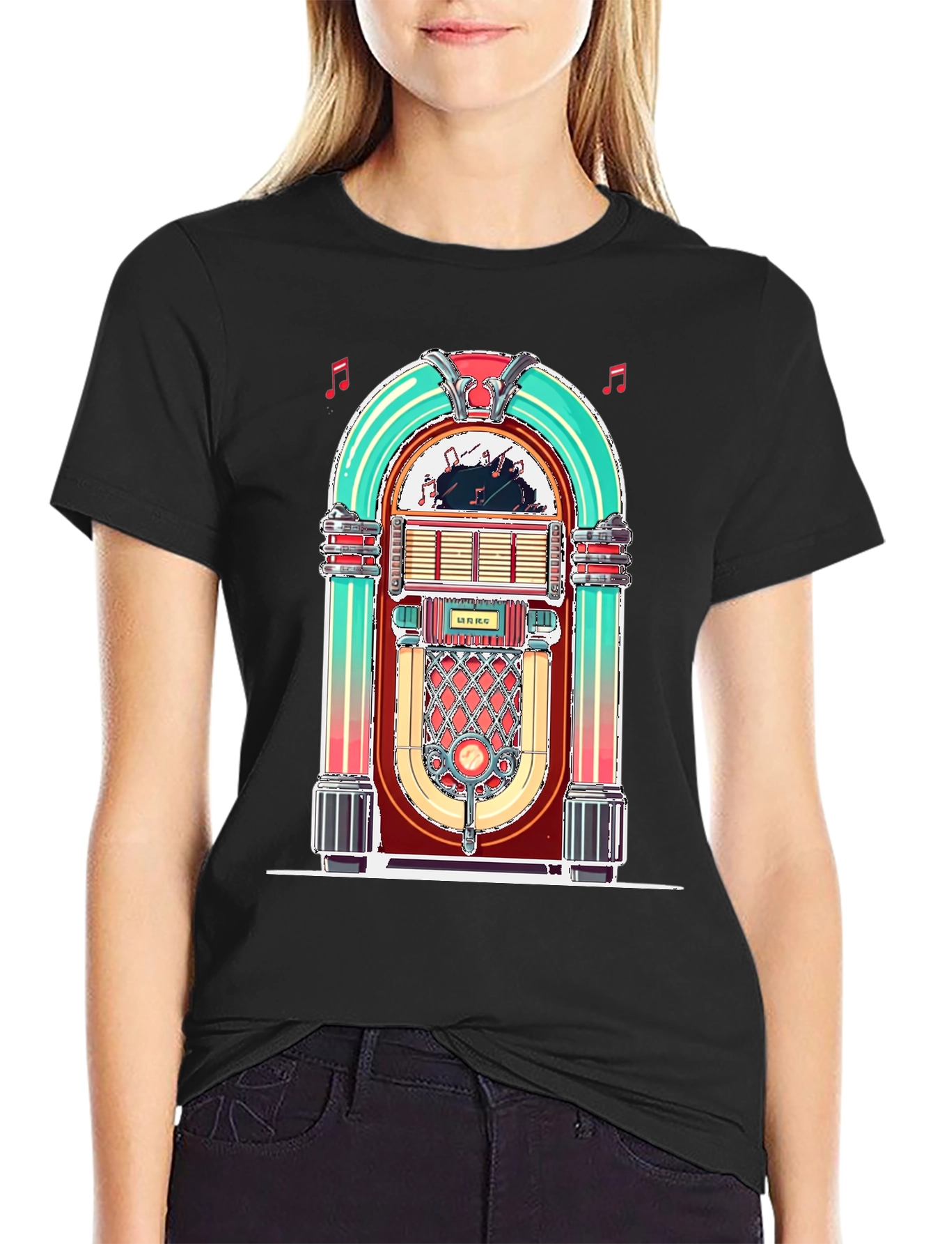Black Retro Jukebox Graphic Tee - Vintage Music Lover Shirt view 2