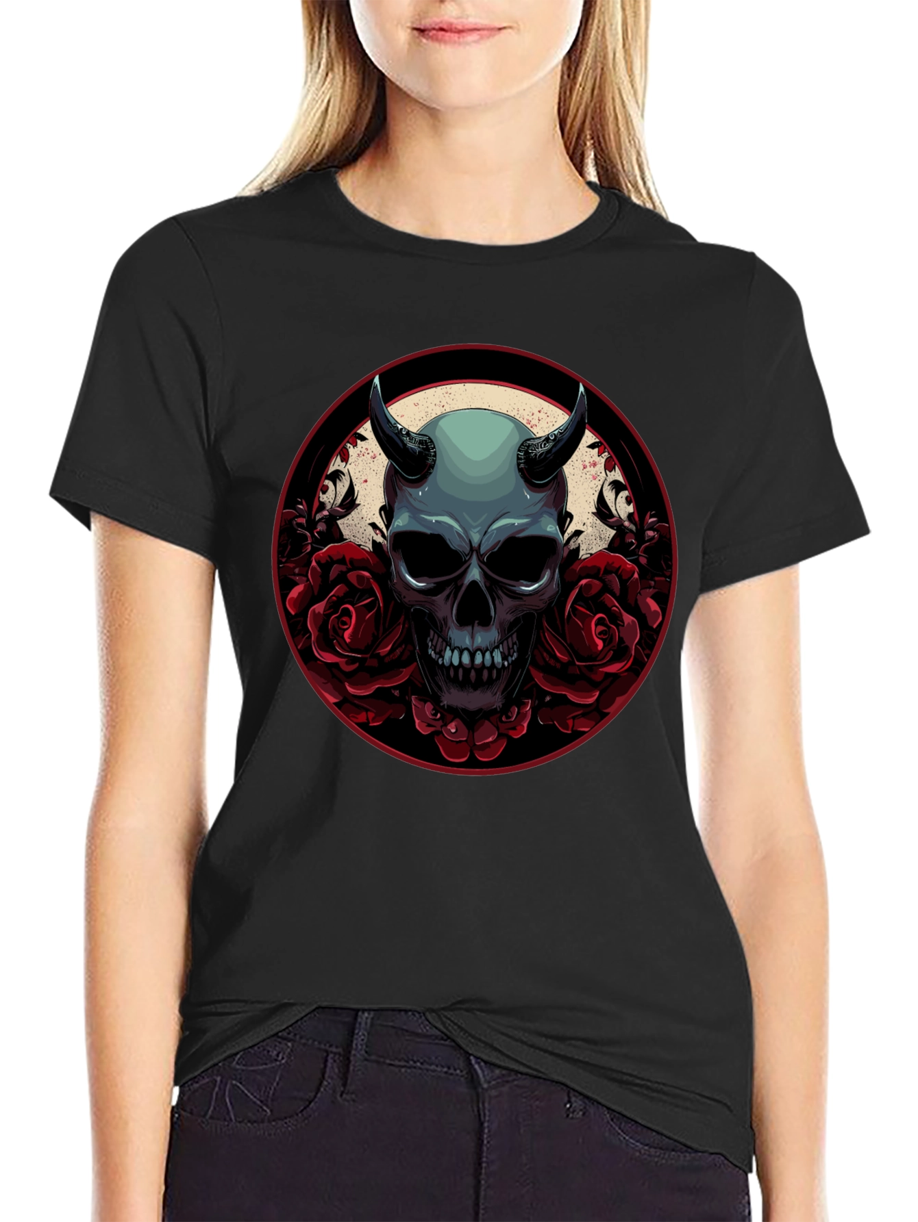 Black Skull & Roses Graphic Tee - Dark Aesthetic view 2