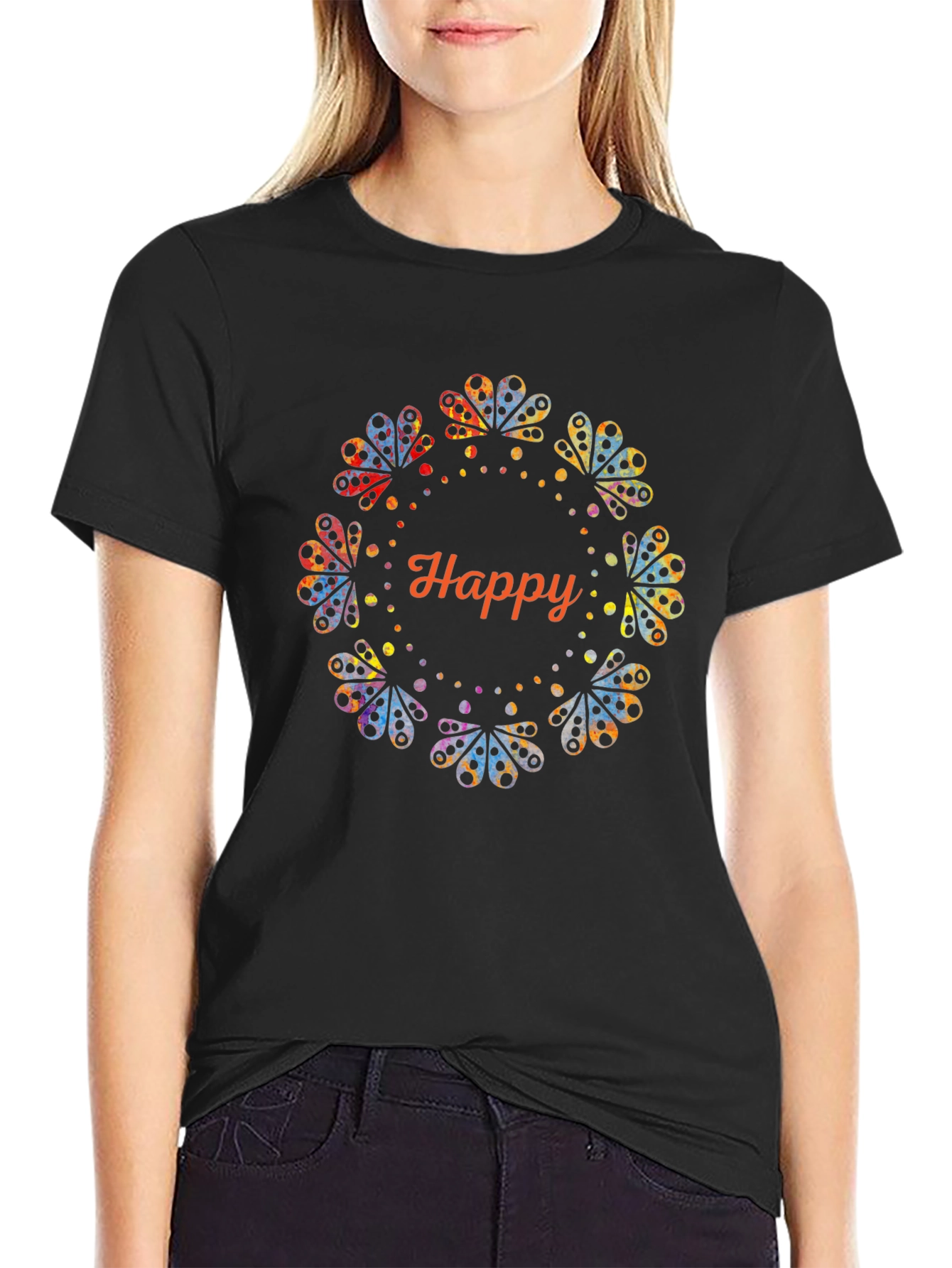 Black Happy Floral Graphic Black T-Shirt view 2