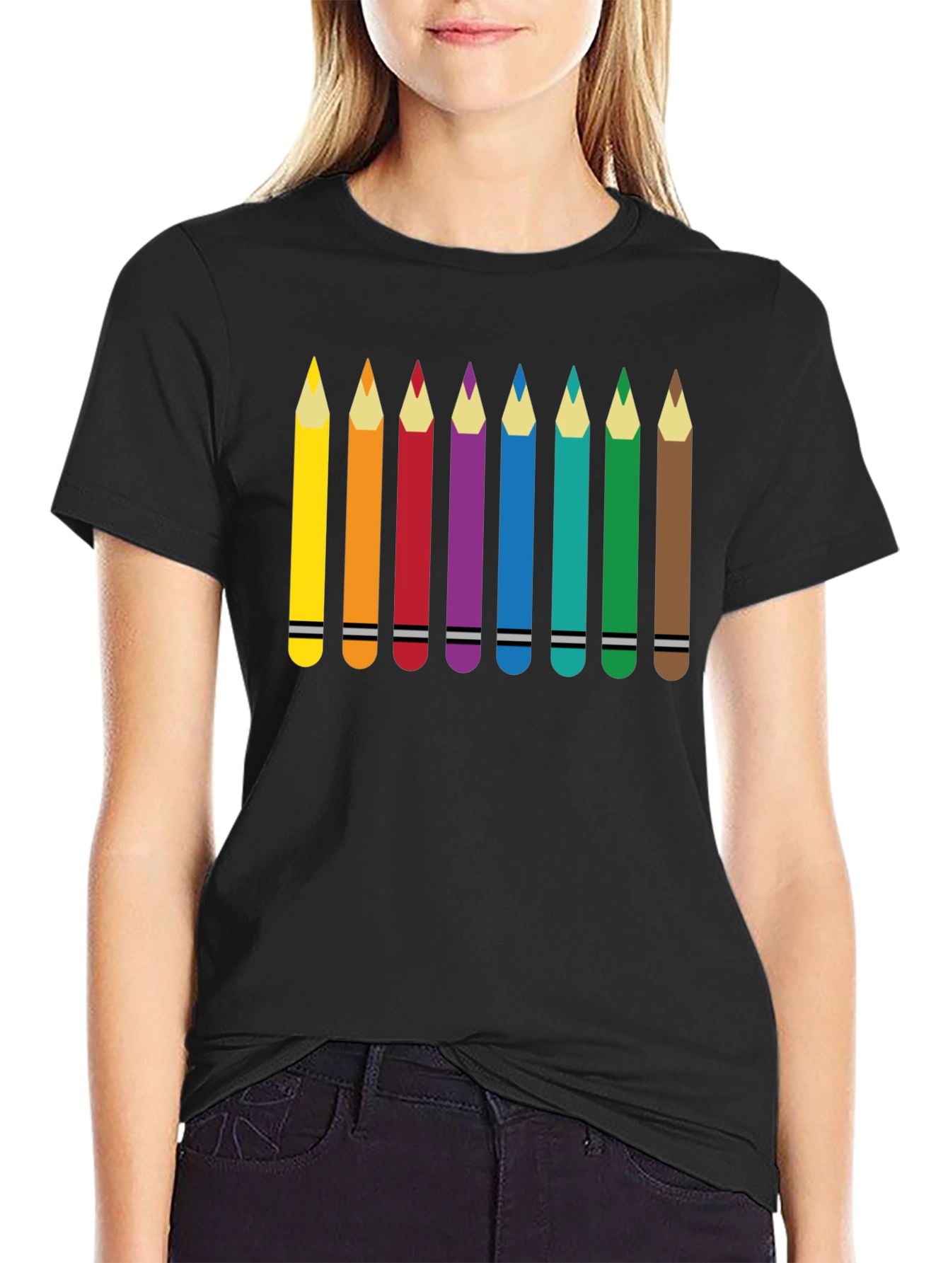 Black Colorful Pencils Graphic Print T-Shirt view 2