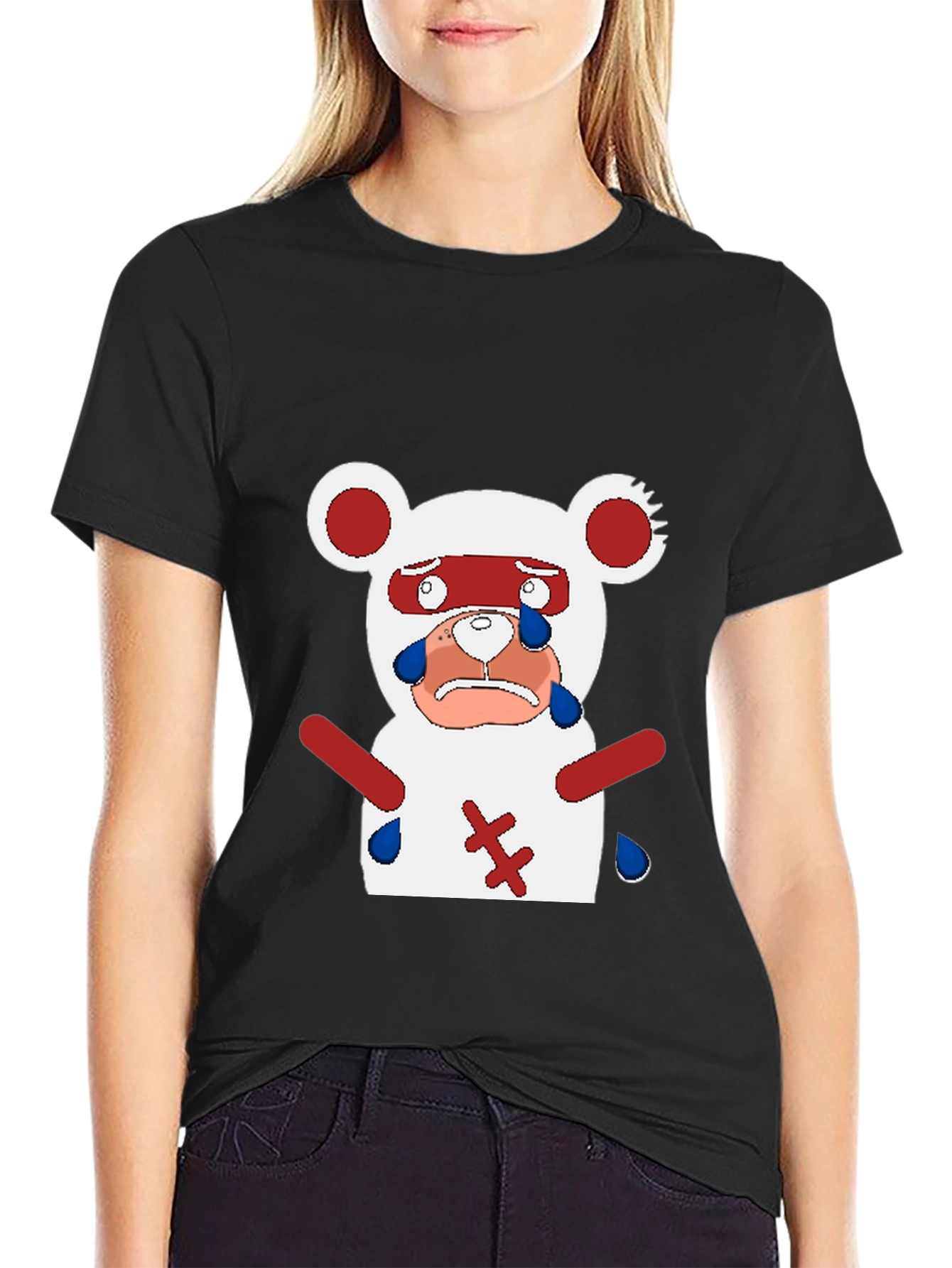 Black Sad Anime Bear T-Shirt - Black Cotton Blend Casual Tee view 2